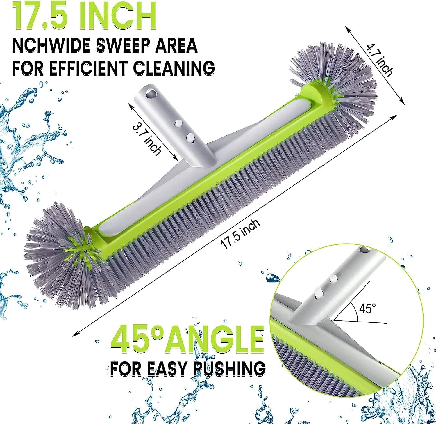 Professional Swimming Pool Brush Head with round Ends,17.5" Heavy Duty Aluminum Back for Cleaning Pool Walls, 7 Rows Premium Nylon Bristles with EZ Clips (Green Grey) - Green Grey image number 3