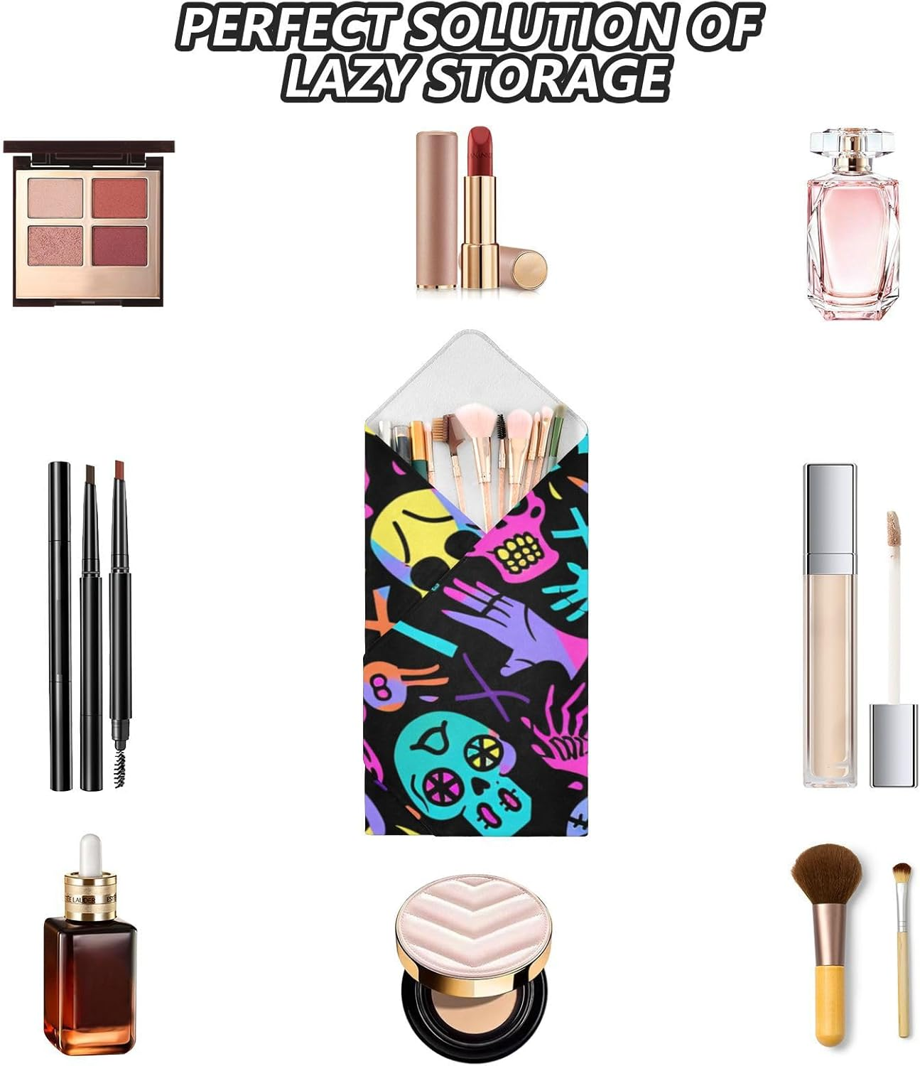 Guoche Magic Self-Adhesive Cosmetic Pouchs Cloth Funny Colorful Skeletons Skulls Doodle Black Organizer Wrap Camera Lens Cloth Wrapper Makeup for Women 21.7 X 21.7, Funny Colorful Skeletons Skulls image number 1