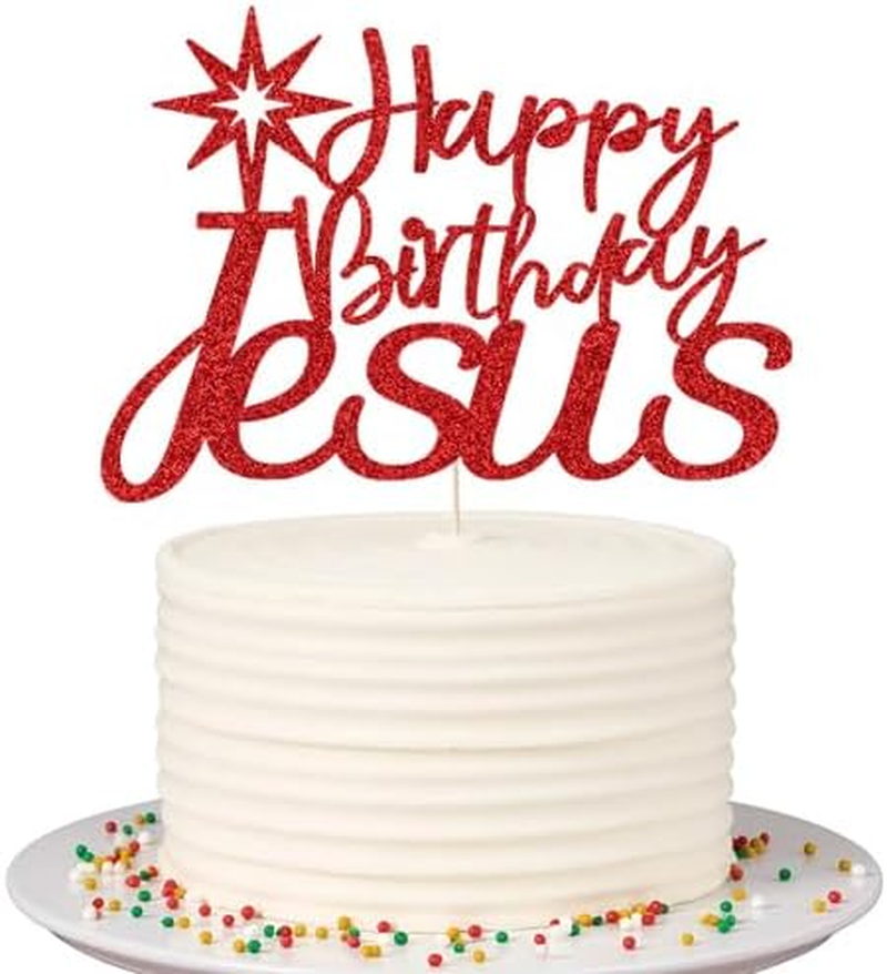 Sparkling Happy Birthday Jesus Cake Toppers - Jesus Birthday, Good Friday Cake Decoration、 Easter Party Decorations, Christmas Party Decoration Supplies (Red) - 3 image number 3