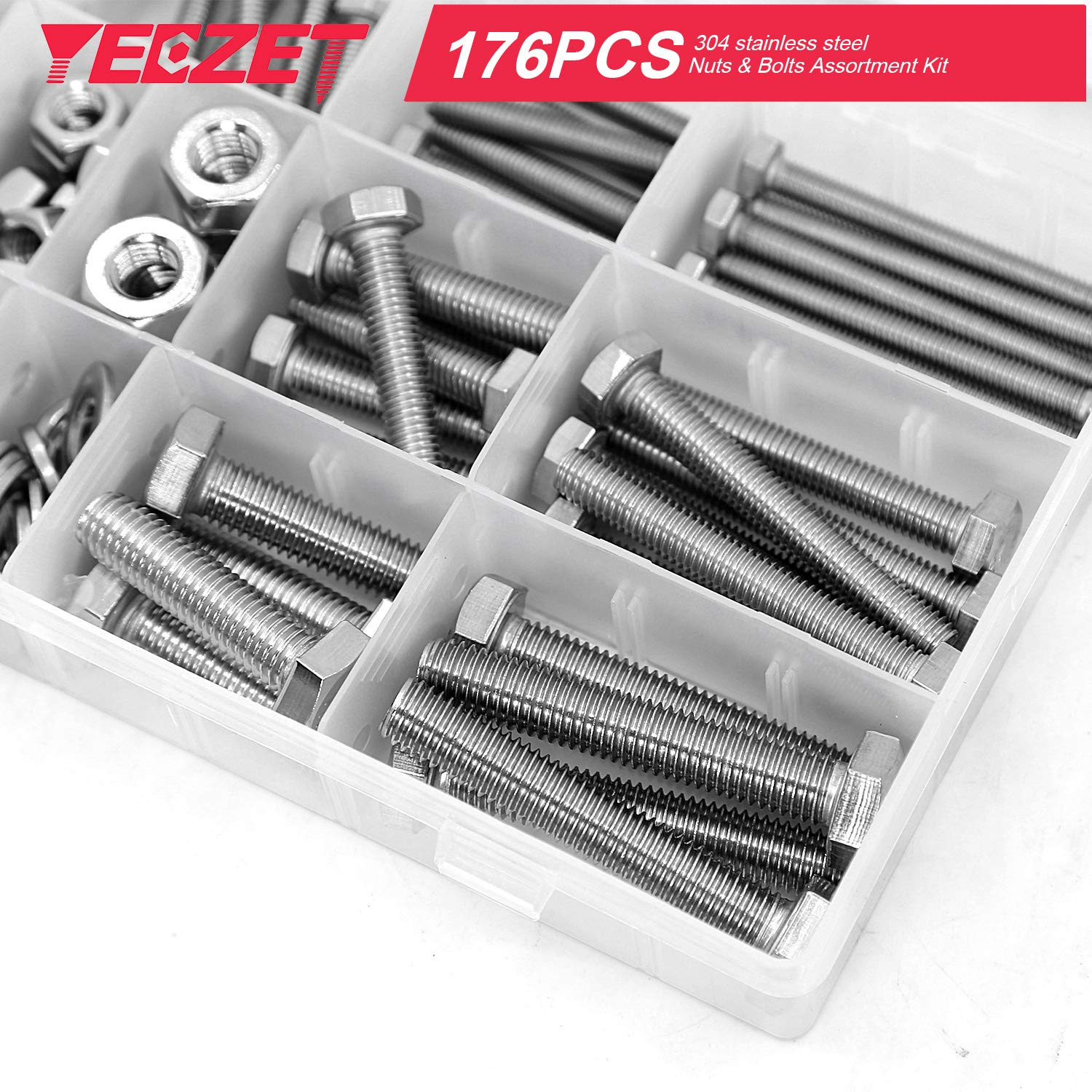 YEEZET 176PCS M6 M8 M10 Heavy Duty Bolts and Nuts Assortment Kit, 304 Stainless Steel, Includes 8 Most Common Sizes image number 2