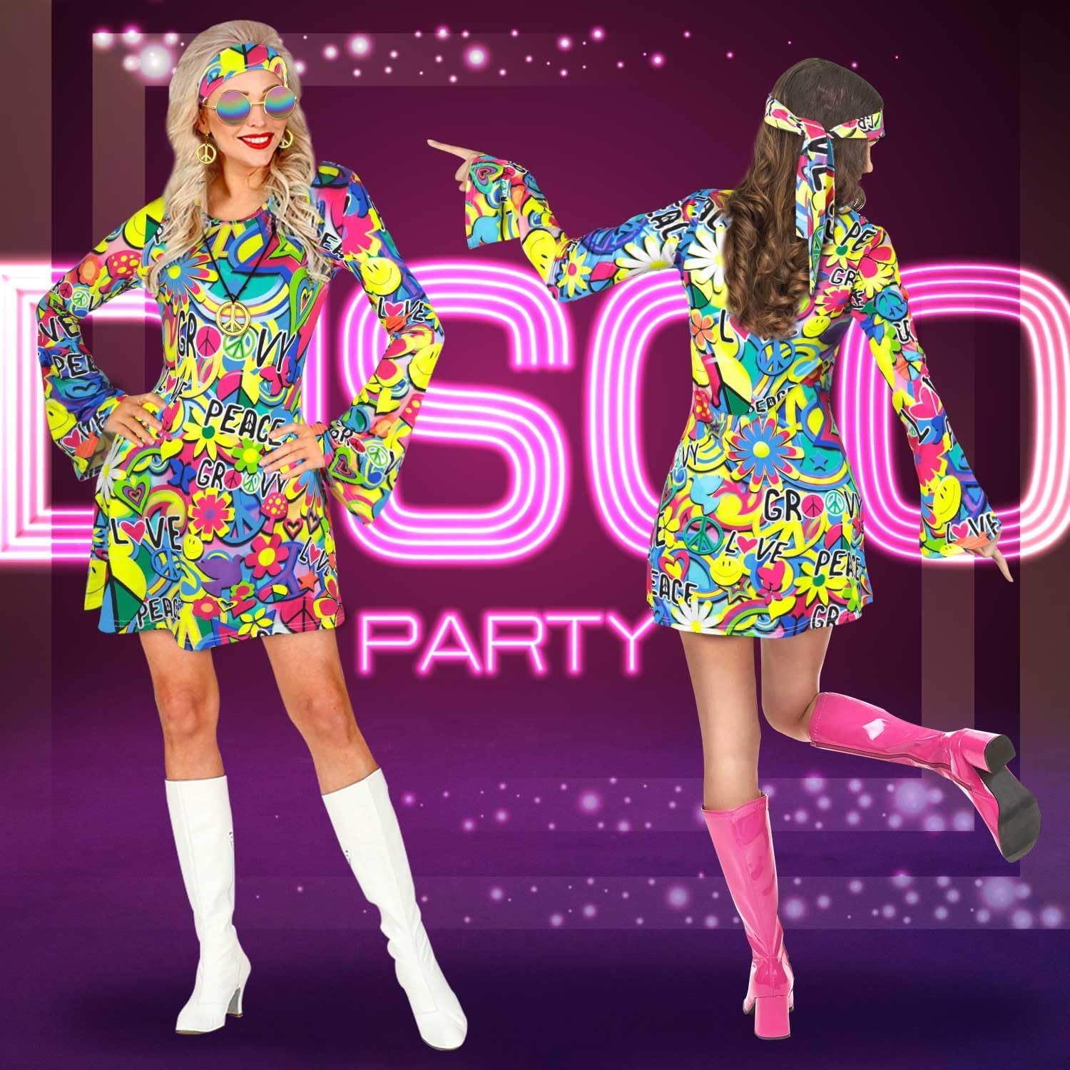 AUTOWT 70S Hippie Costume Women - 7 PCS Disco Dress with Headband Sunglasses Earrings Necklace Daisy Flower Crown, Hippy Disco Clothes Outfit for Fancy Halloween Cosplay Carnival 70S 80S Party image number 3