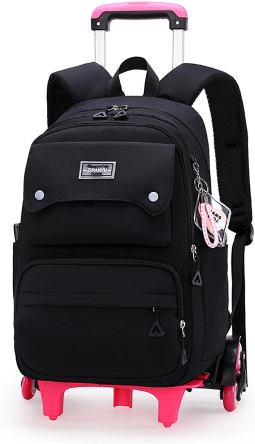 LANSHIYA Solid Color Girls Rolling Backpack with Wheels Schoolbag Elementary School Student Trolley Daypack