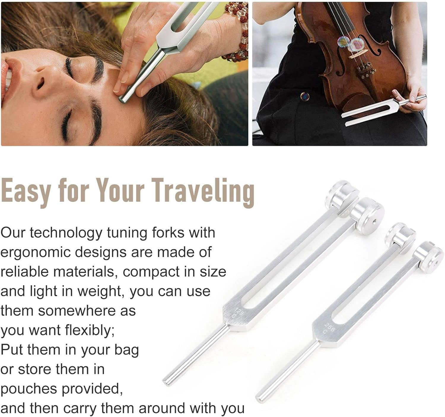4 Pack Tuning Fork Set(128 Hz,256 Hz,512 Hz,528 Hz) with Tuning Fork Hammer for Sound Healing Sound Vibration Tools image number 3