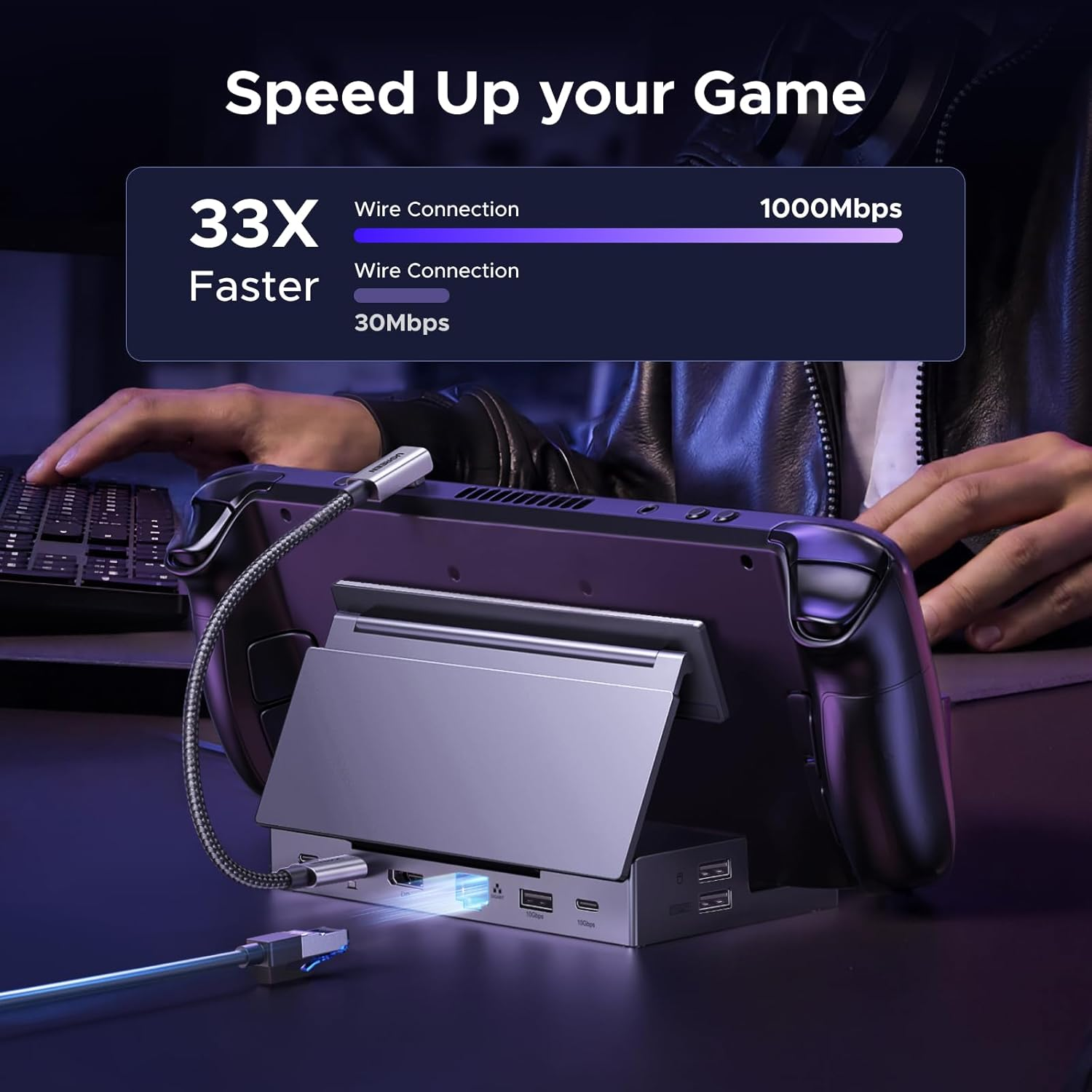 UGREEN Steam Deck Dock 9-In-1 with 4K@120Hz Displayport, Adjustable& Foldable Stand, 100W PD, 10Gbps Type A&C Data, Ethernet, SD/TF Docking Station for Steam Deck OLED, ROG Ally X, Legion Go, MSI Claw