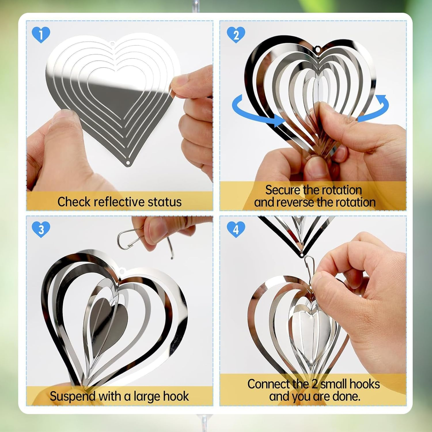 Stainless Steel Wind Spinner,3D Silver Indoor Outdoor Garden Decoration Crafts Ornaments,Metal Wind Chimes for outside Decor,Decorations to Scare Away Yard Birds (3Pcs-Heart) - Fishbone-Wind Spinners image number 2