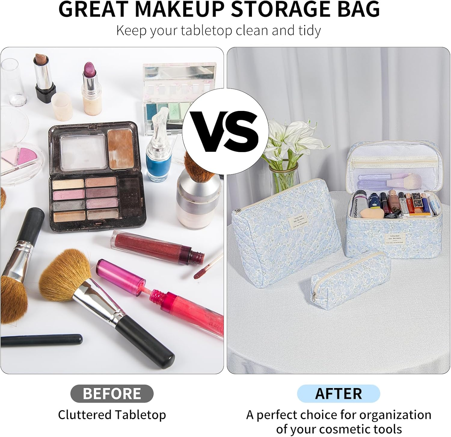 Senbowe Floral Makeup Bag, 3 Pack Large Cotton Quilted Makeup Bag Set, Cute Floral Coquette Aesthetic Toiletry Bag Make up Cosmetic Bag for Women, Toiletry Travel Make up Organizer Bag - Blue-White image number 2