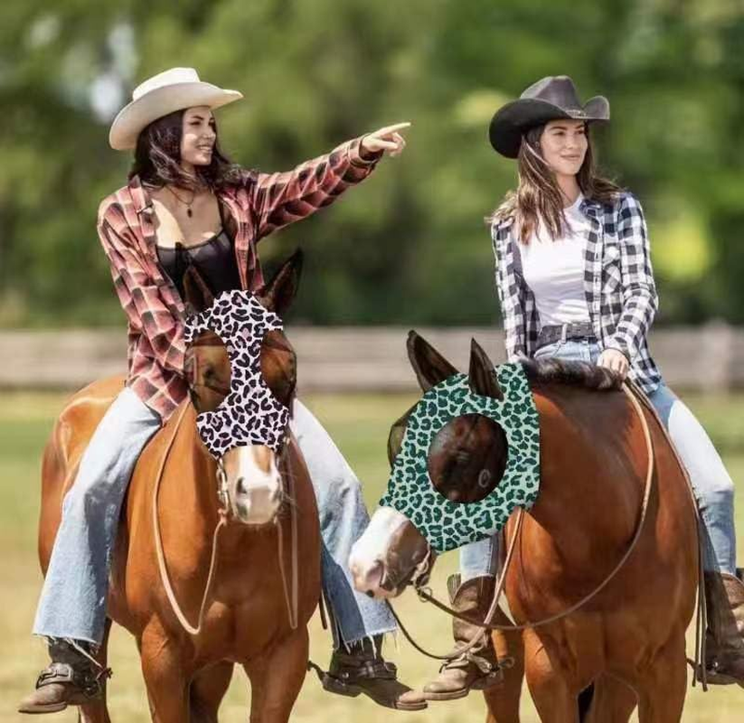 Stretchy Horse Fly Mask with Ears Comfort Fit Mesh Trail Pasture Sun UV Protection (Leopard Print, One Size) image number 1
