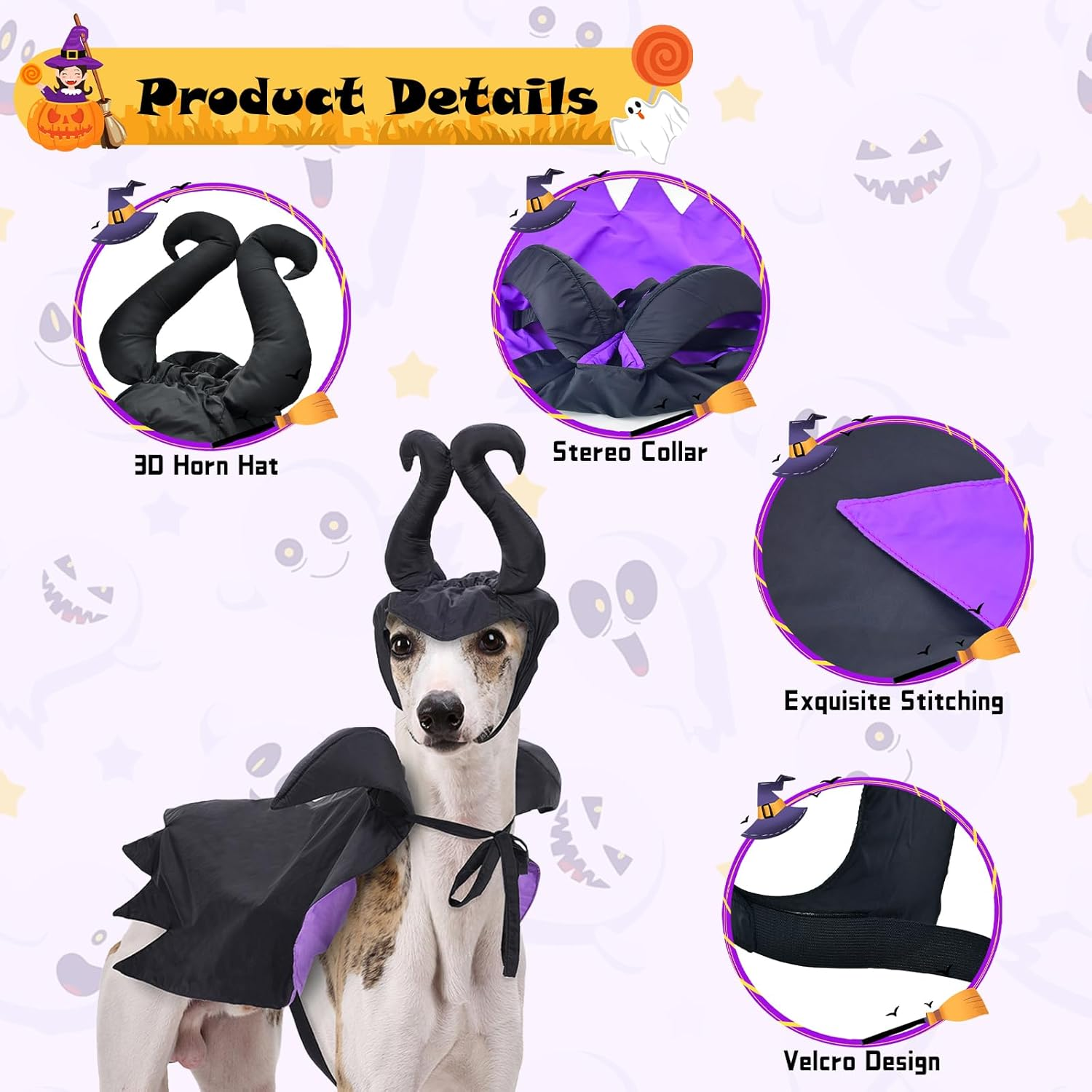 Shurung Puppy Halloween Witch Shaped Costume Cat Purple Vampire Cape Puppy Wizard Devil Horns Hat Pet Holiday Outfit for Cat Small Dog