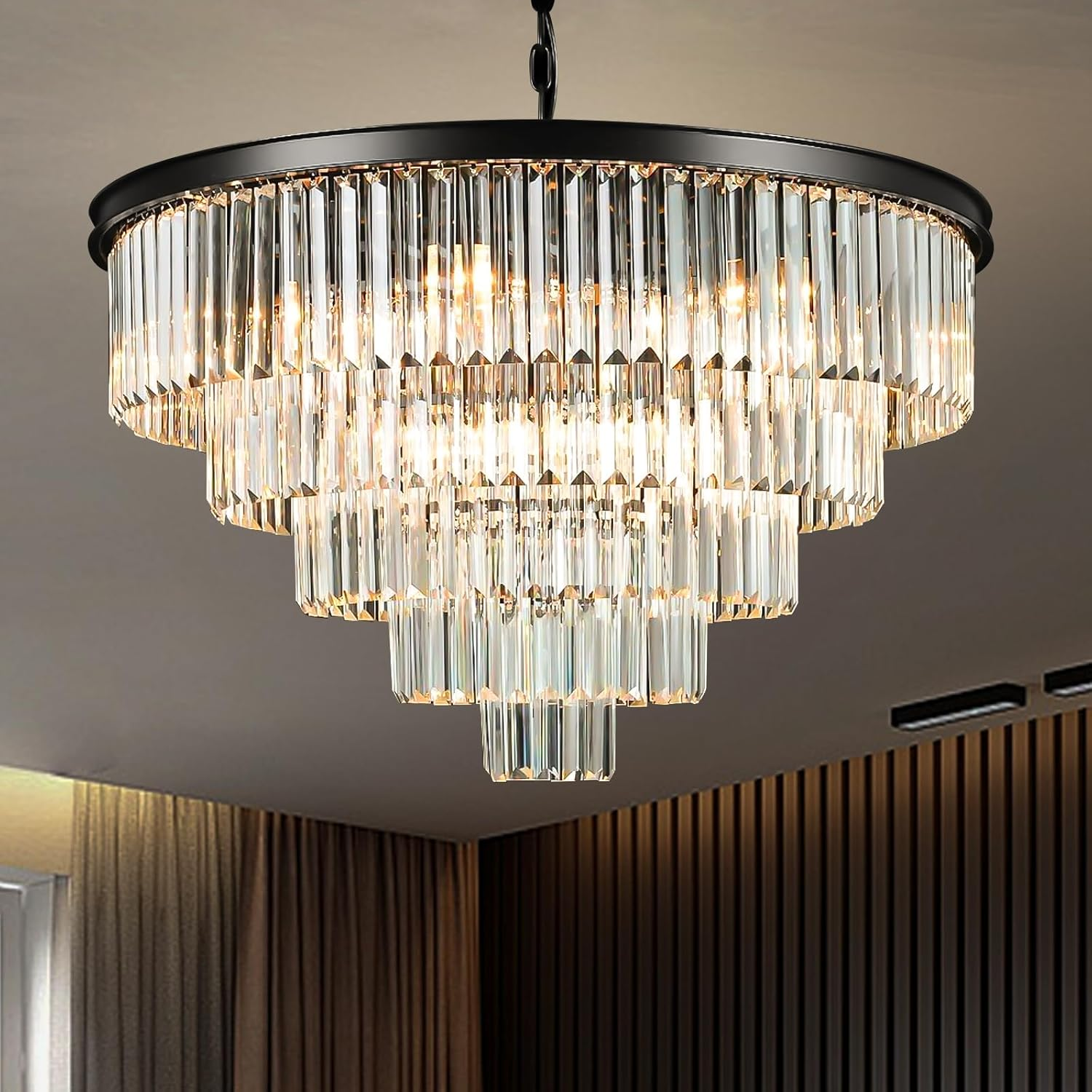 USOR 16 Lights Large Crystal Chandeliers D80Cm H50Cm Modern Luxury Flush Mount Ceiling Light Fixture 3 Colors Hanging Pendant K9 Crystal Chandeliers (Black+Clear Crystal, D80Cm X H50Cm)