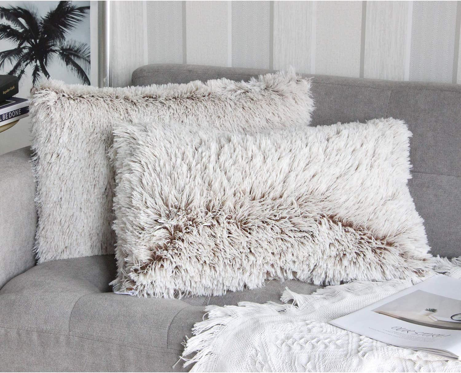 Uhomy 2 Packs Home Decorative Luxury Super Soft Plush Faux Fur Throw Pillow Cover Cushion Case, Double Sides Fur, for Sofa/Bed 18X18 Inch 45X45 Cm Red Ombre