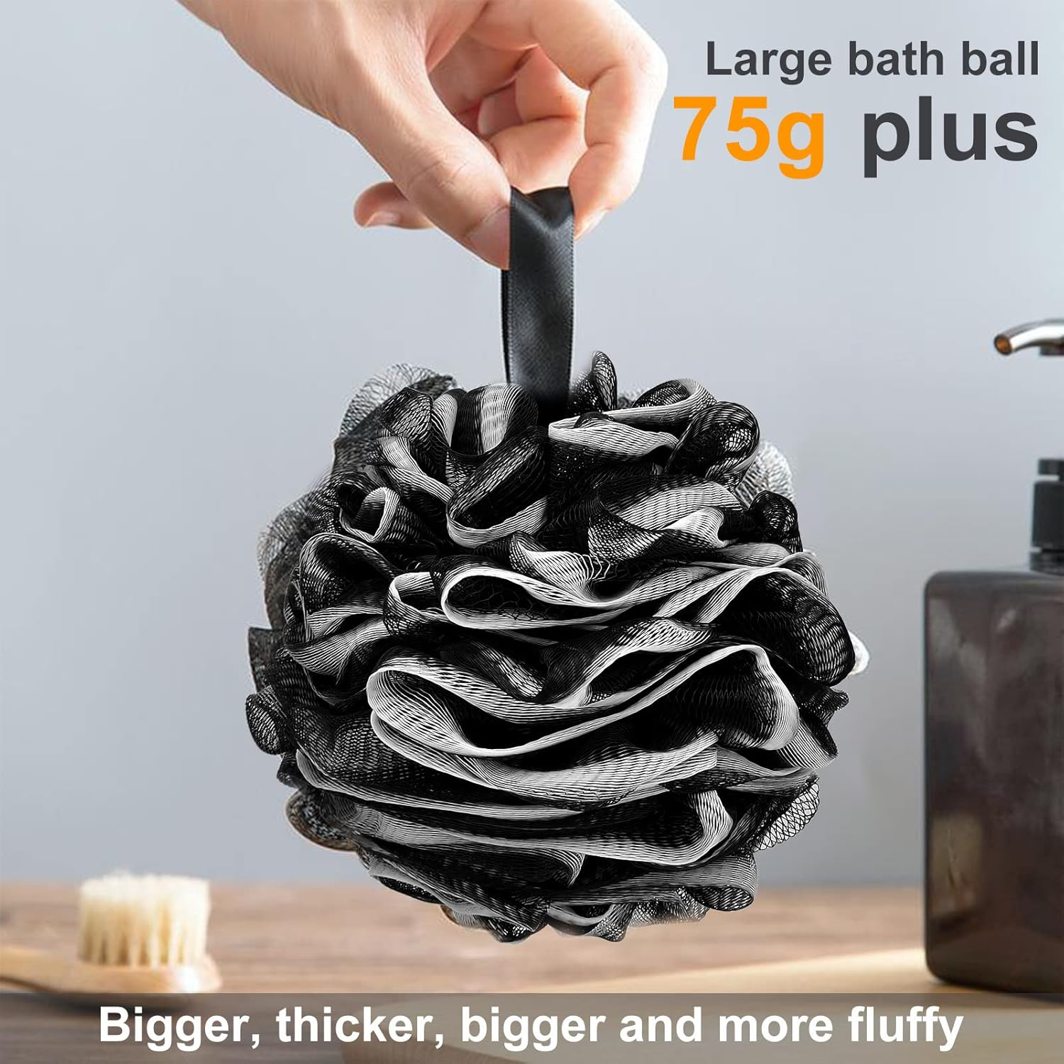 Loofah Charcoal Bath Shower Sponge Body Scrubber,75G XL Exfoliate Mesh Pouf Shower Bouquet,3 Pack Black Large Bath Sponge for Women and Men image number 4