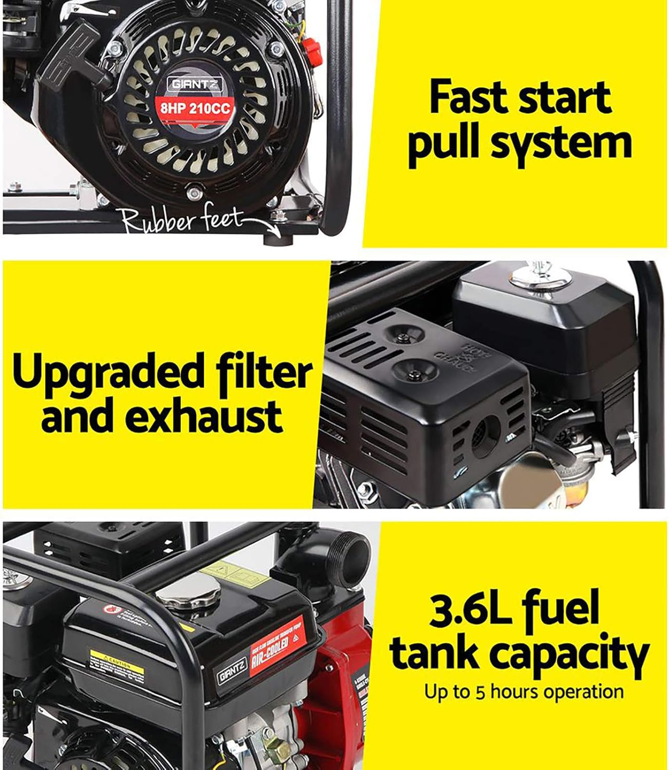 Giantz Petrol Water Pump, 2" High Flow Transfer Fire Fighting Pumps Rain Tank Oil Irrigation Garden Farm Pond Outdoor Irrigations, with Hose Fittings Inlet Filter Rubber Feet Black Red - 50M Lift image number 4