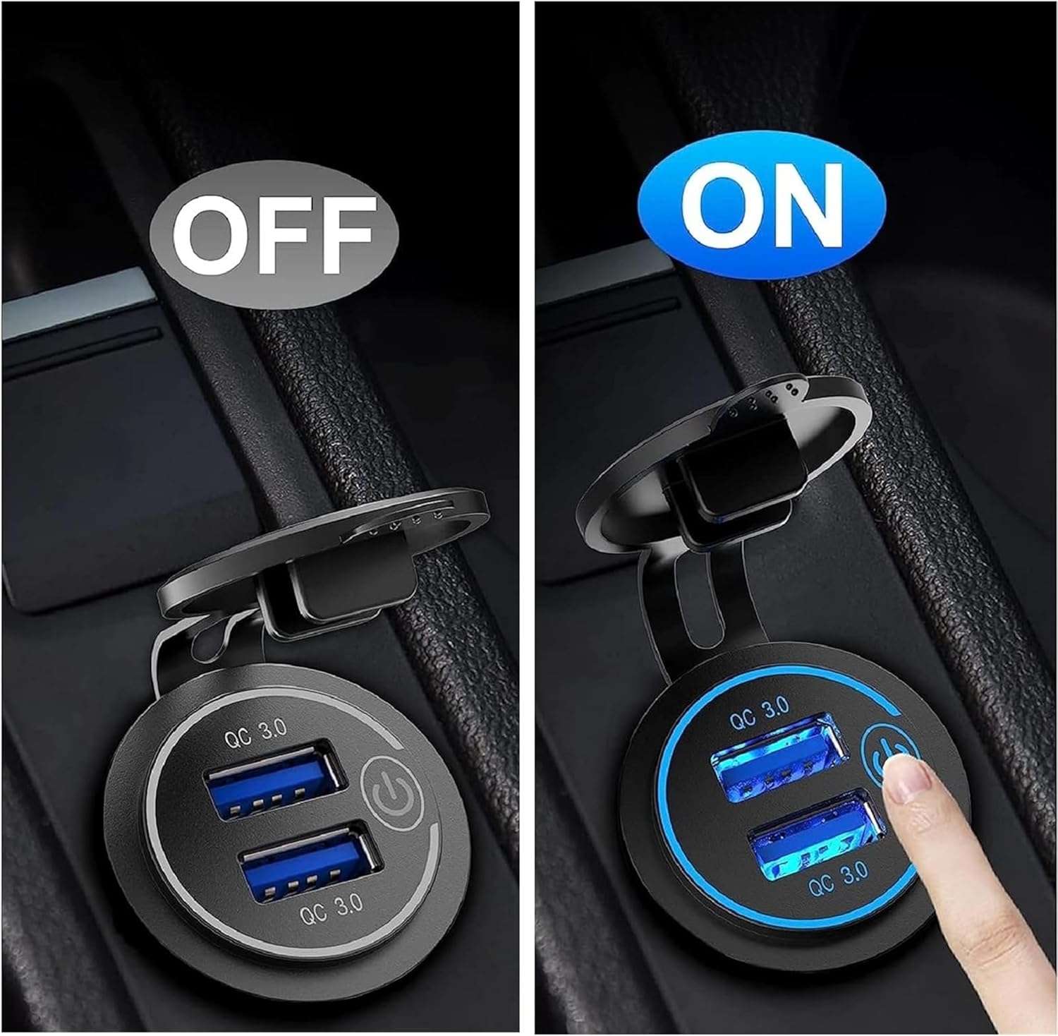 [2 Pack] Quick Charge 3.0 Waterproof Dual USB Charger Socket with Touch Switch, 12V/24V Fast Charging Outlet for Car, RV, Boat, Motorcycle, Truck image number 3