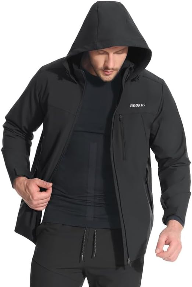 BROKIG Mens 3PT Hiking Softshell Jacket,Windbreak Waterproof Casual Functional Traveling Walking Coat Outdoor Jacket with Hood Zipped Pockets