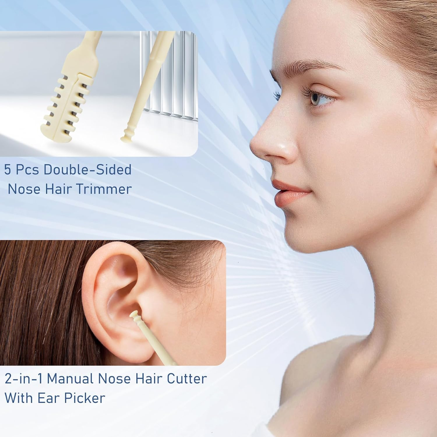 EKIND 5 Pcs Double-Sided Nose Hair Trimmer, 2-In-1 Manual Nose Hair Cutter with Ear Picker, Nostril Hair Remover Tool,Portable and Convenient, Washable, Head Nose Hair Cutter, Tail Ear Picker image number 2