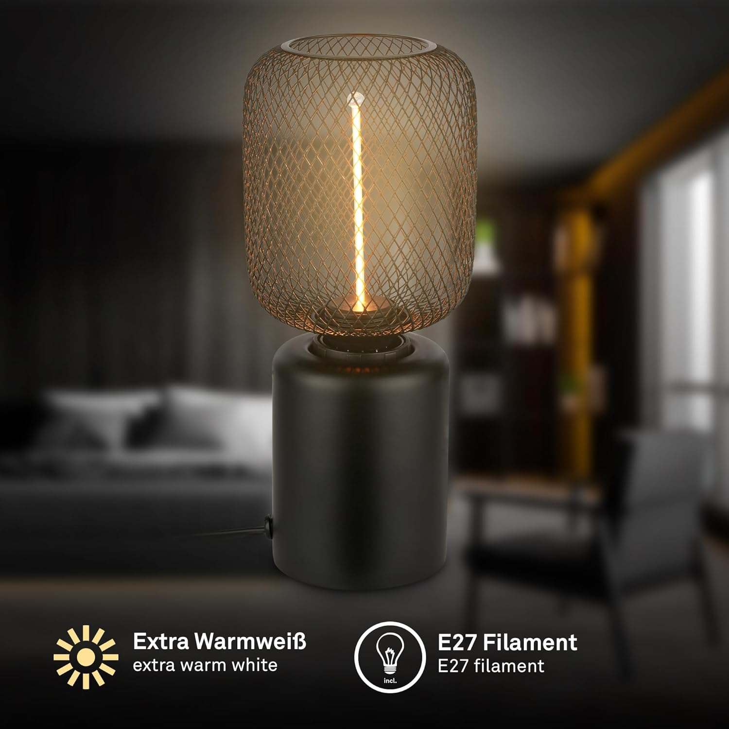 BRILONER - Wire Mesh Table Lamp, Cable Switch, E27 Socket, Night Light, Decorative Lighting for Hallway or Office, Reading Light, 10X25Cm, Black image number 5