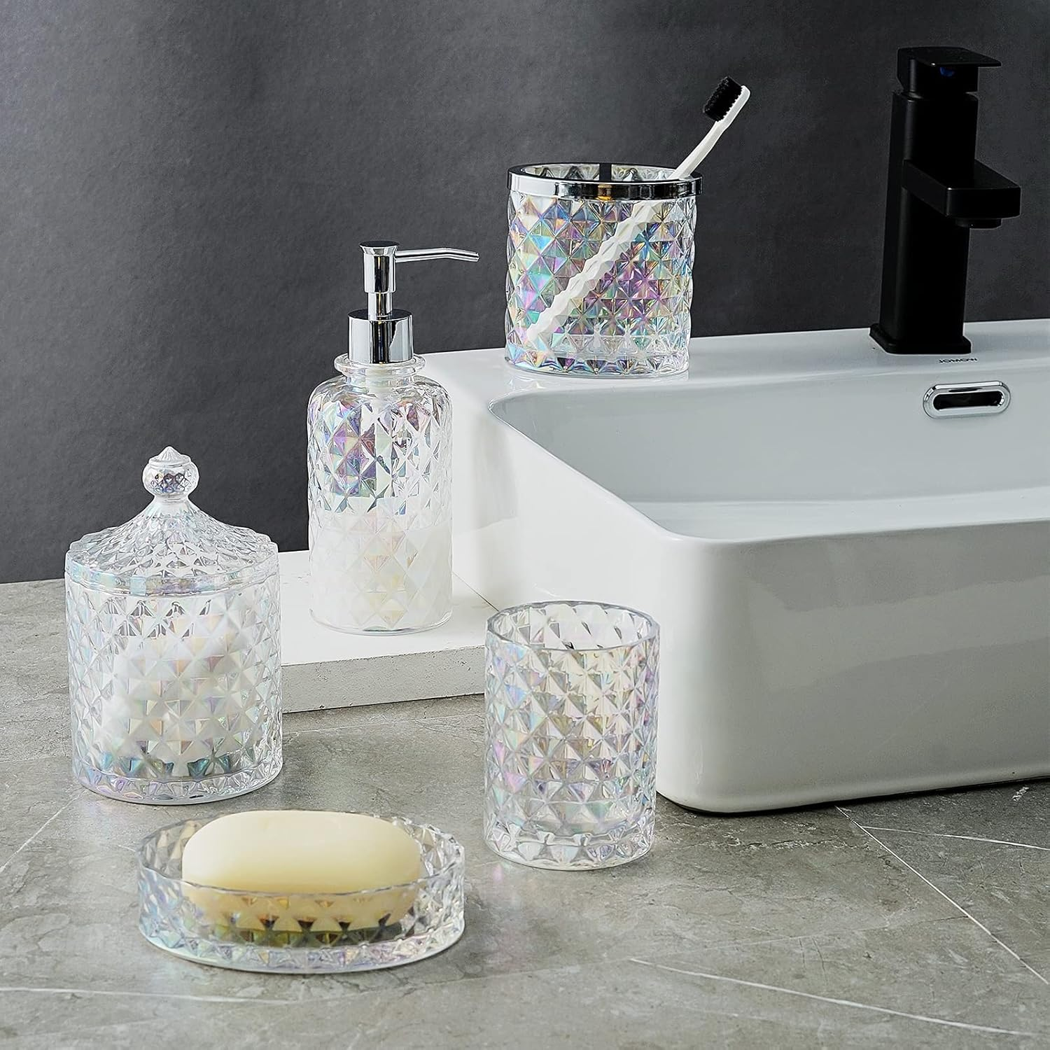 Set of 5 Glass Bathroom Accessories Set Include Soap Dispenser & Tumbler & Soap Dish & Toothbrush Holder & Apothecary Jar(Luxurious Crystal Sparkling Colored) image number 4