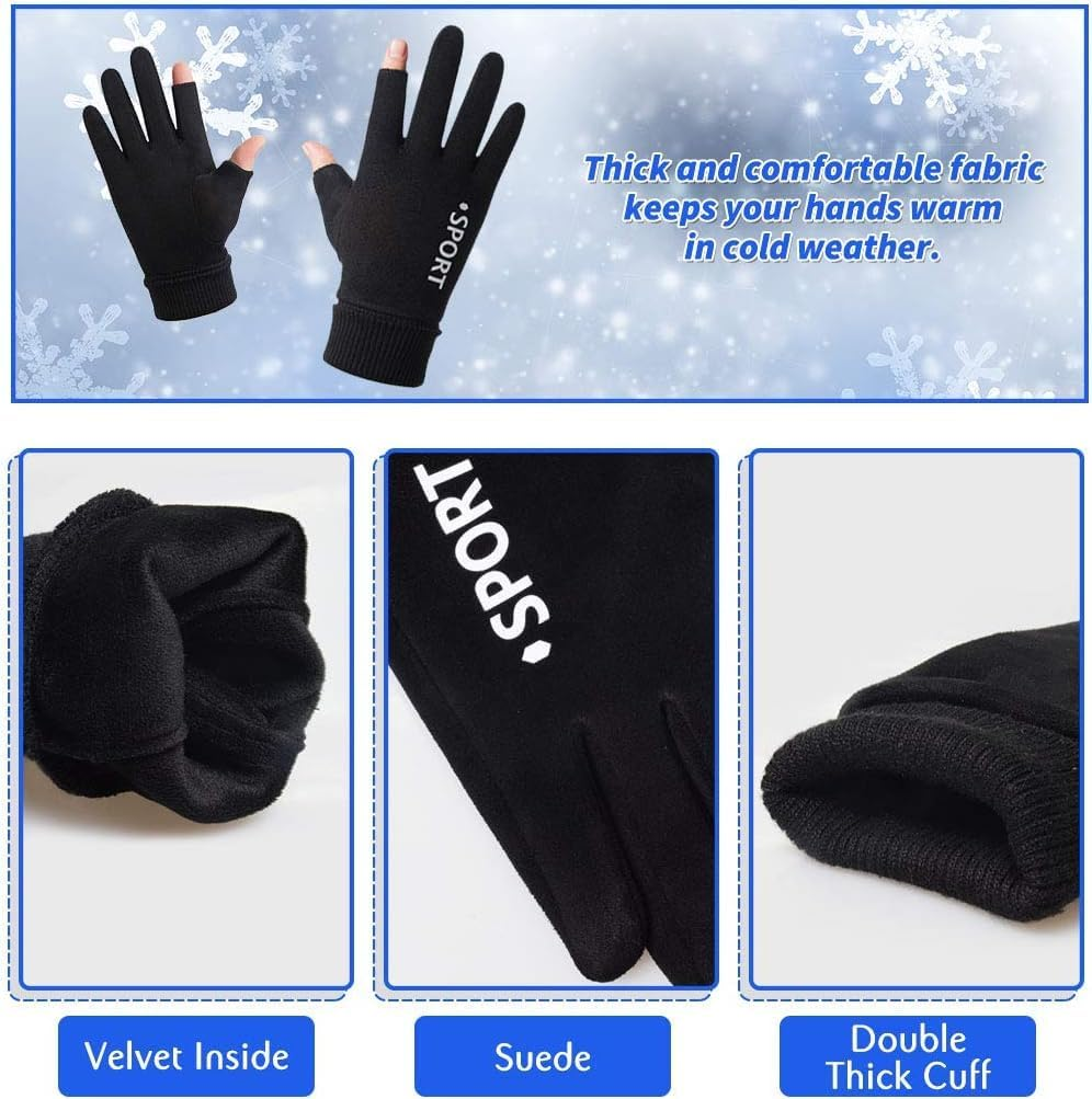 KXF Unisex Sports Fingerless Open Fingers Winter Warm Thermal Touchscreen Gloves for Women Men - Black  Premium image number 5