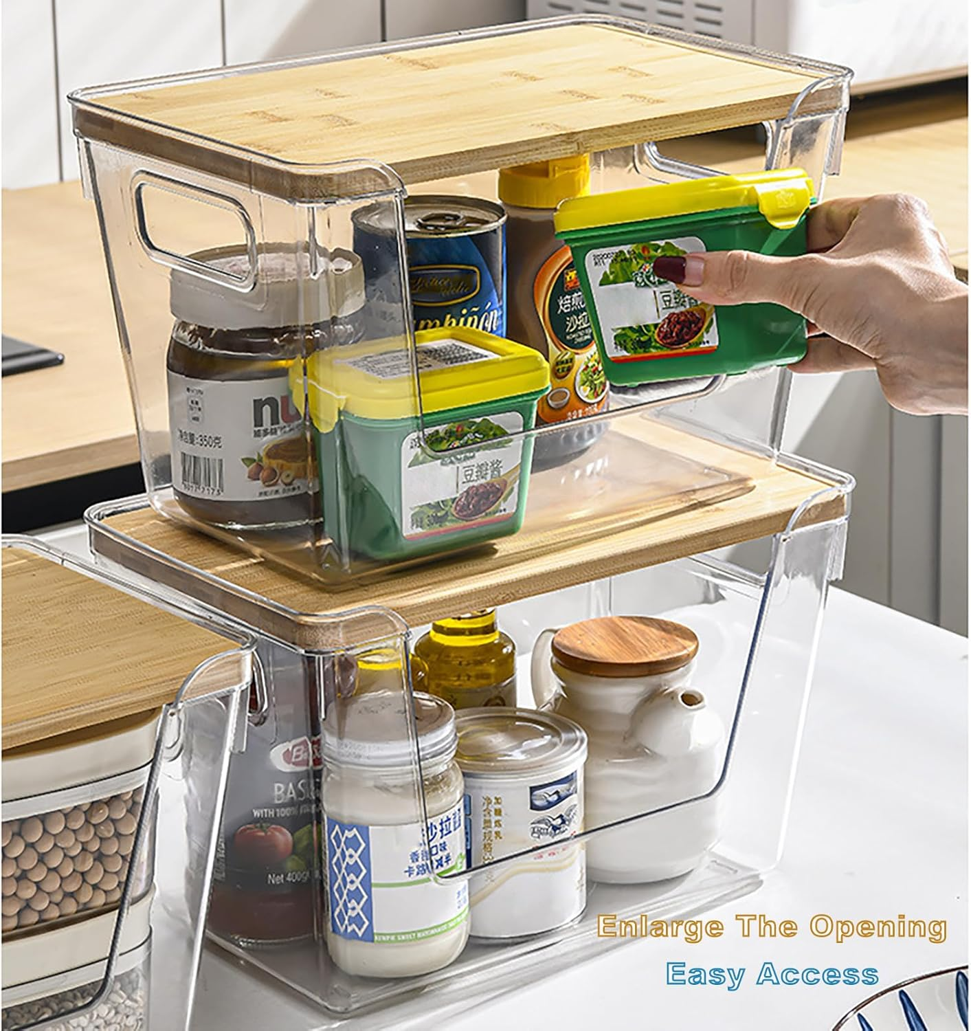 LISNSMY 2 Set Clear Stackable Storage Boxes with Bamboo Wood Lid and Handles, Open Pantry Organizer Bins, 29X18X18 CM, for Bathroom, Cabinet, Kitchen, Fridge, Closet Organization image number 6