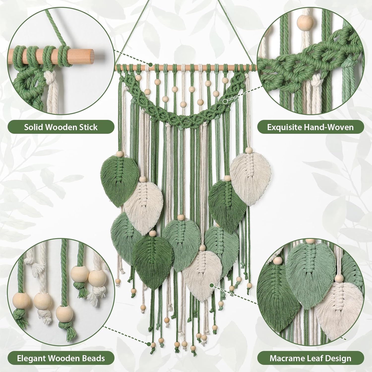 Weldomcor Macrame Wall Hanging Boho Leaf Woven Tapestry, Bohemian Chic Home Decor Modern Handmade Leaves Feather Wall Art Decorations for Bedroom Living Room Apartment Ornament (Green) image number 4