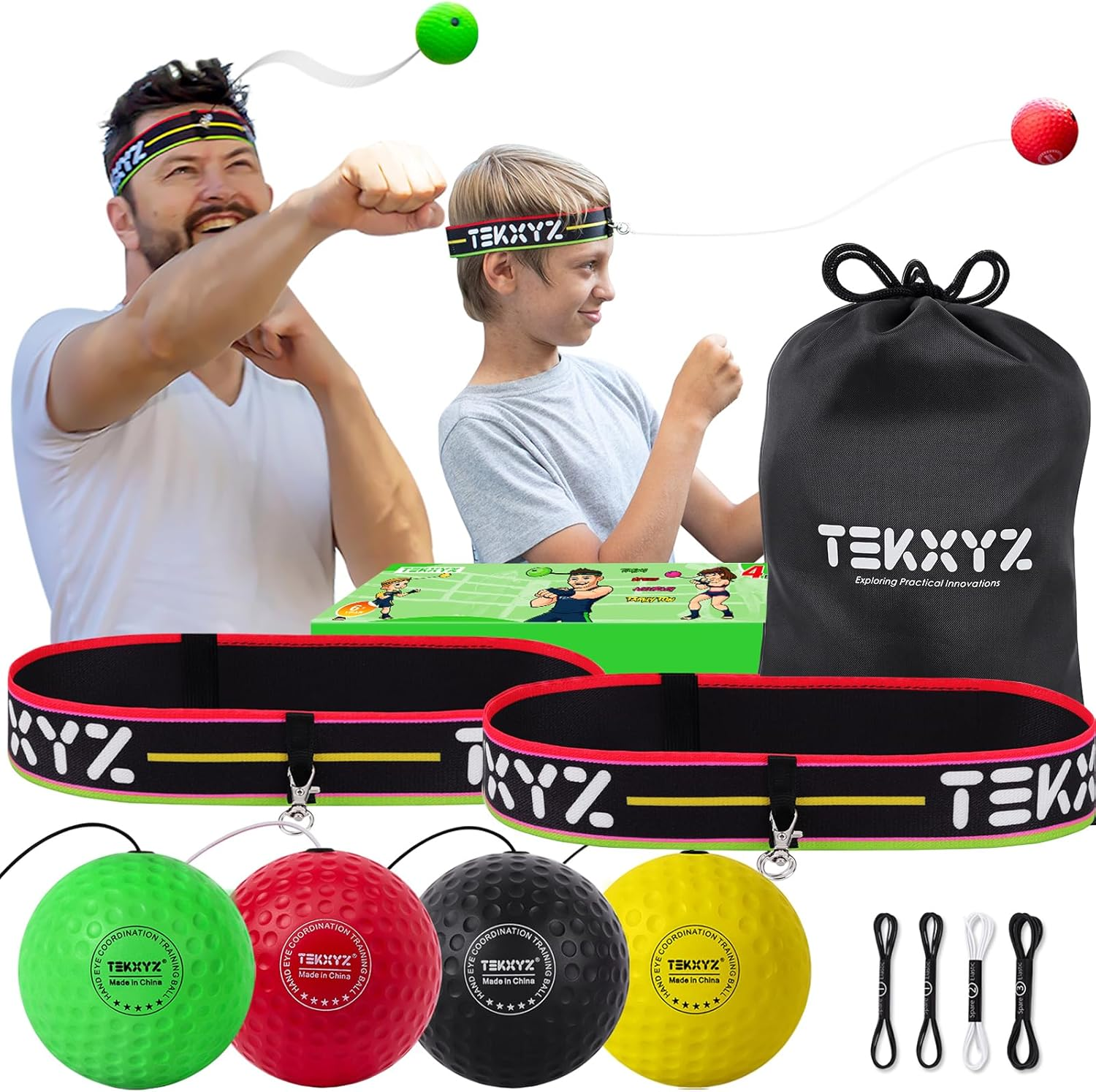 TEKXYZ Boxing Reflex Ball Family Pack, 4 Different Boxing Ball with Headband, Softer than Tennis Ball, Perfect for Reaction, Agility, Punching Speed, Fight Skill and Hand Eye Coordination Training