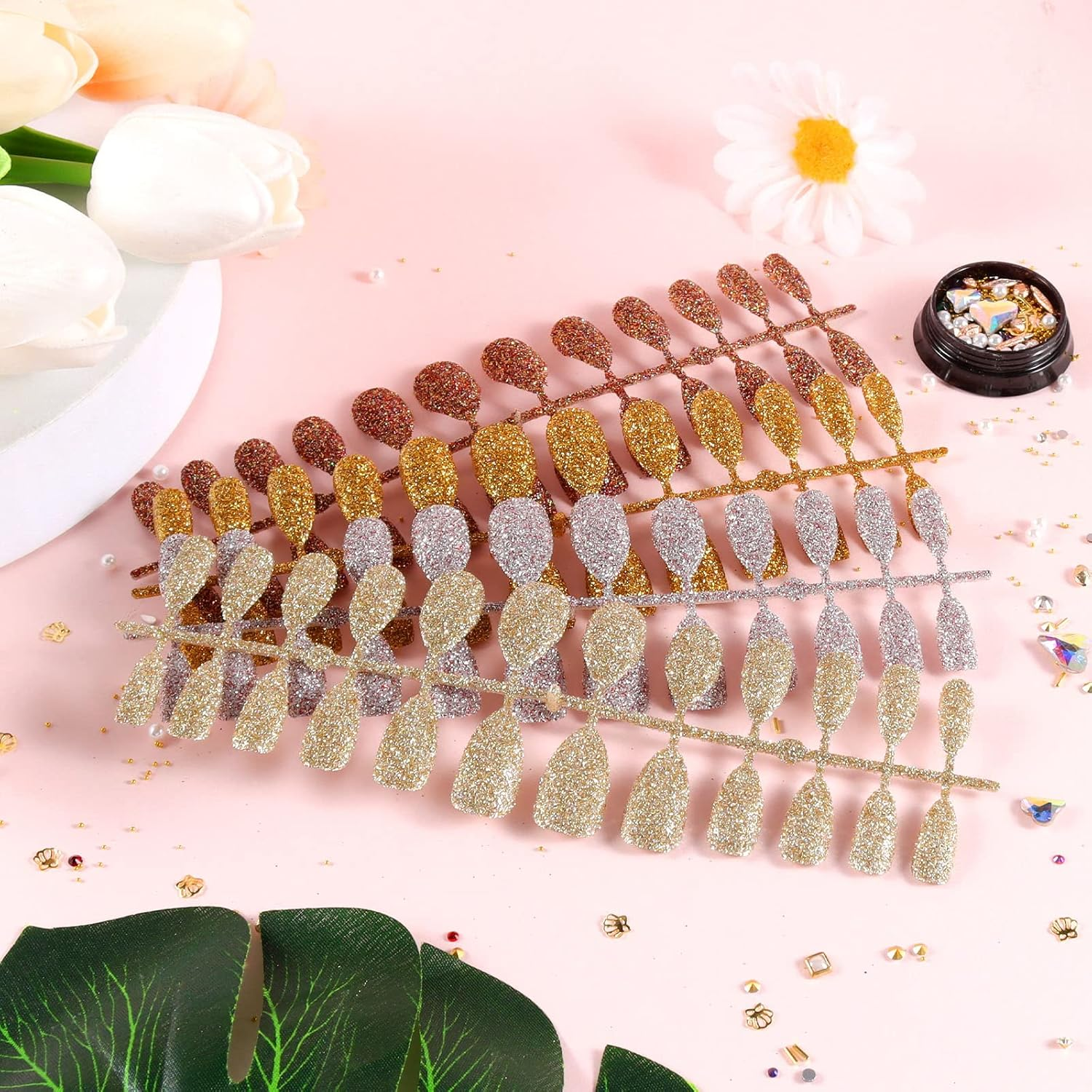 96Pcs Stiletto Fake Nails Full Cover Chrome Powder Glitter Bling Flakes Sequins Medium Length False Acrylic Nail Kits（Gold and Silver Glitter Series） image number 4