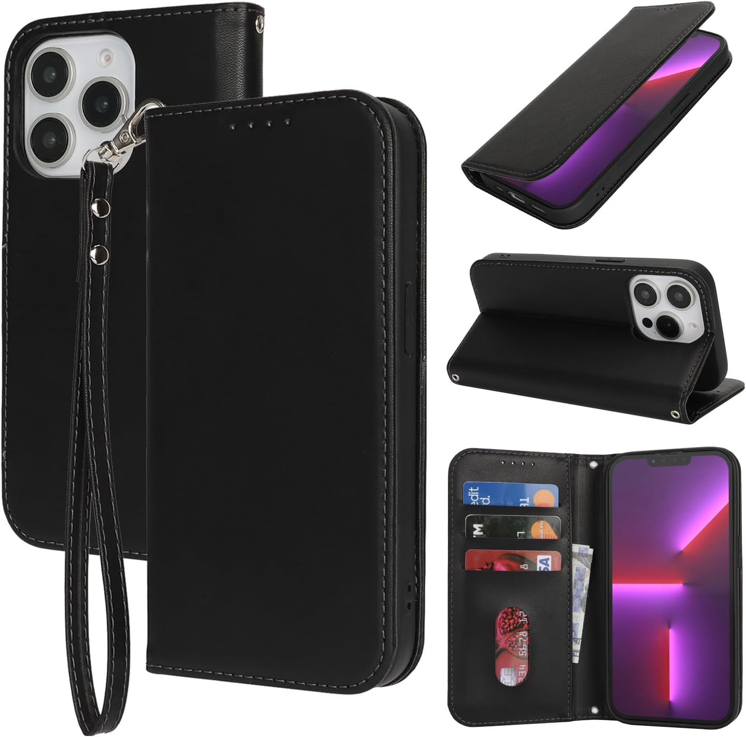 For Iphone 11 Case Leather Wallet Magnetic Flip Cover with Wrist Strap Card Holders Sunyoo Case Women Men RFID Blocking Porte Feuille Portefeuille Coque &Eacute;tui for Iphone11 Pour Femmes Homme Black