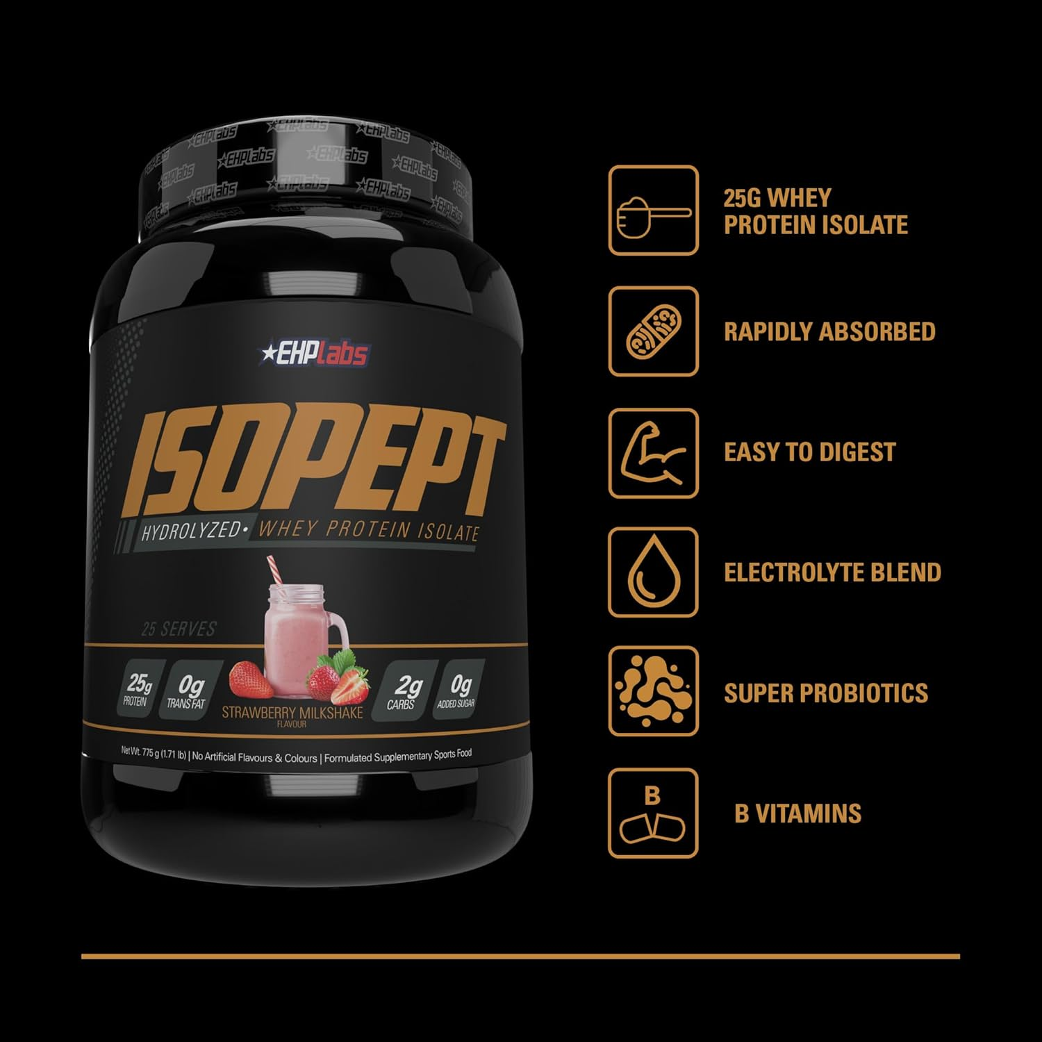 EHP Labs ISOPEPT Hydrolyzed Whey Protein Powder - 100% Whey Protein Isolate & Hydrolysate, 25G of Protein, Non-Gmo, Gluten Free, Fast Absorbing, Easy Digesting, 25 Serves (Strawberry Milkshake) image number 2