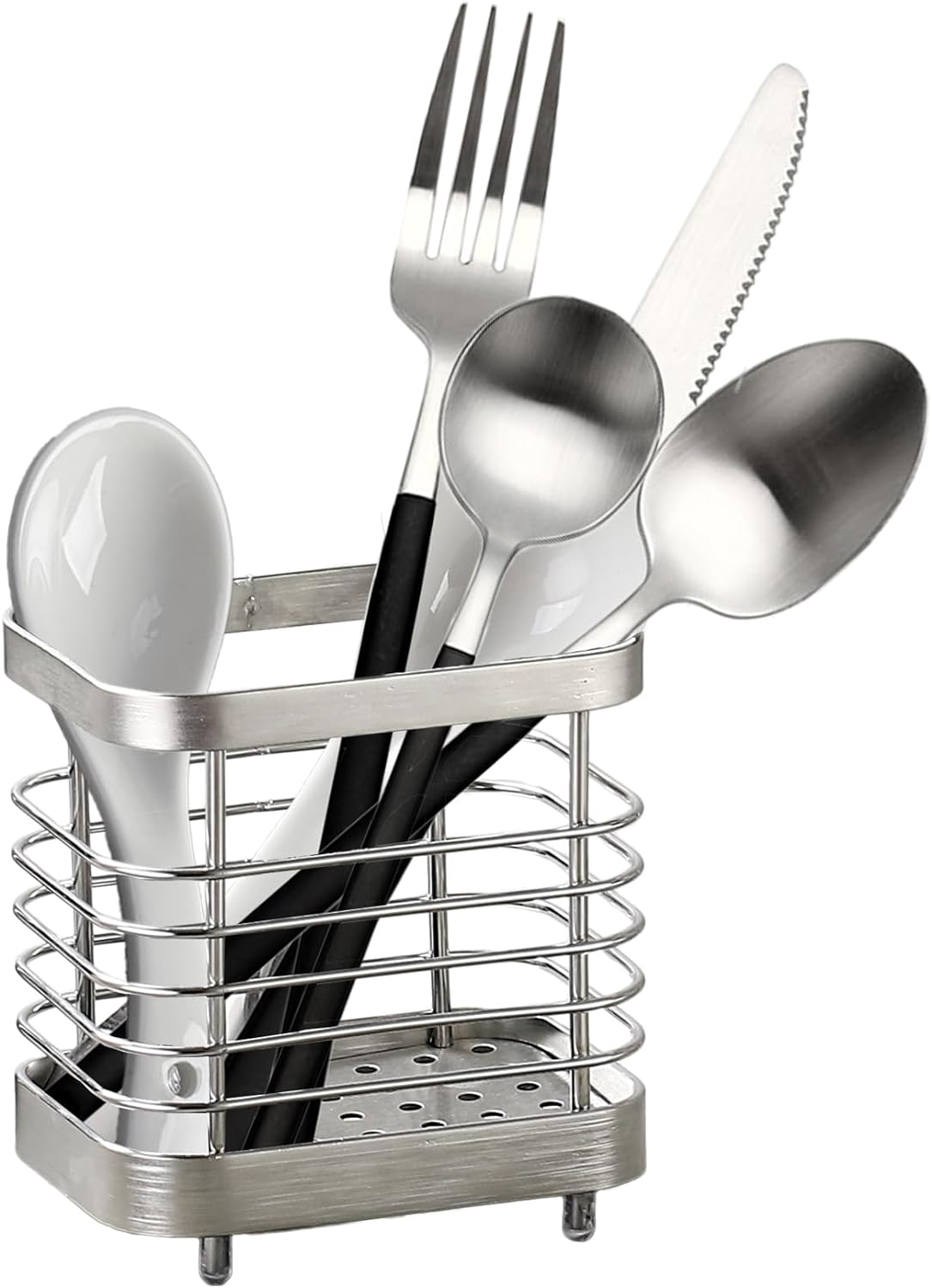 Utensil Holder Kitchen Countertop Organizer, Cutlery Drainer Sink Caddy Dish Drying Rack, Cabinet Silverware Storage Organiser, Stainless Steel, Silver(4 In) image number 5