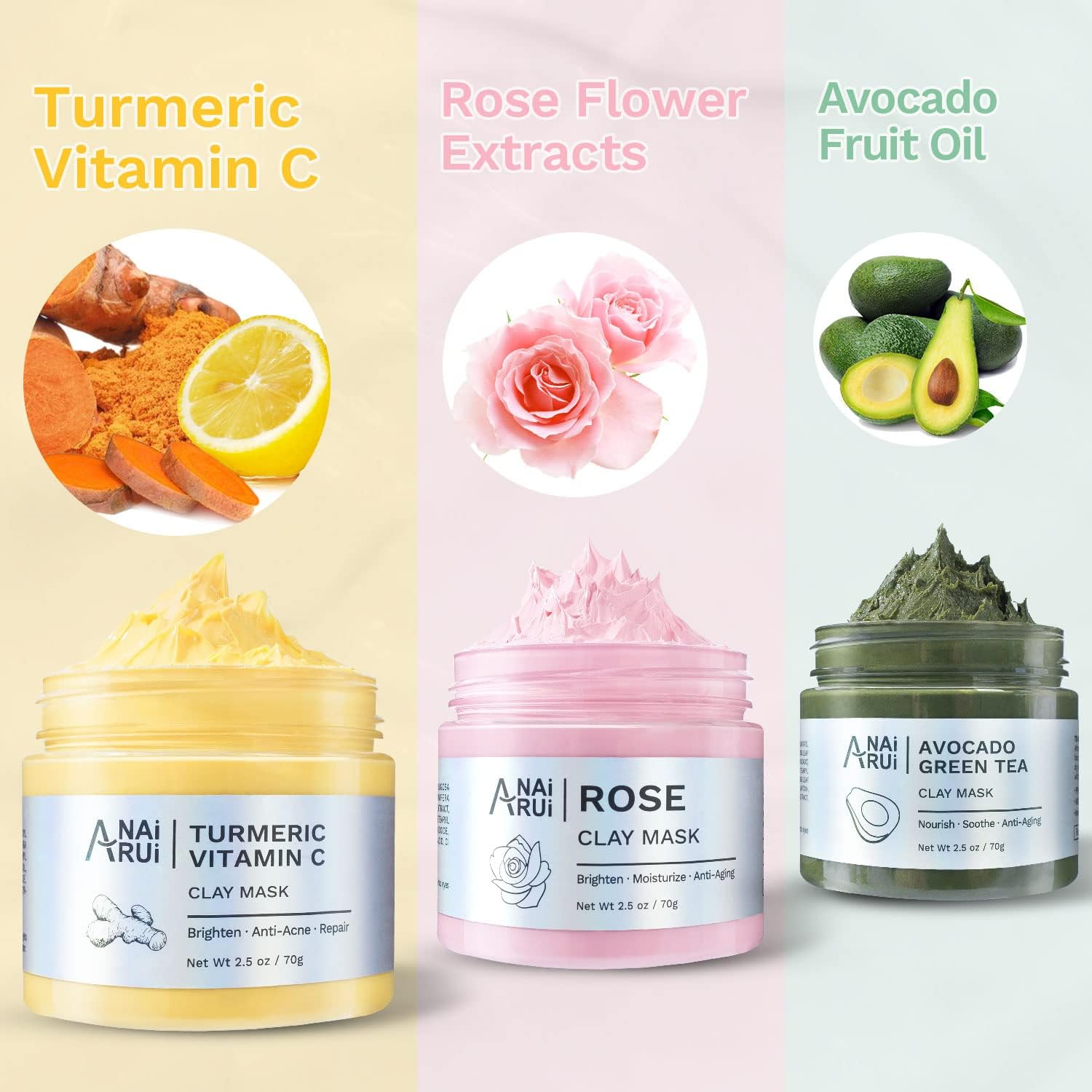ANAI RUI Turmeric Vitamin C -Rose Facial Mask -Avocado Green Tea Mud Mask,Facial Mask Skincare for Deep Cleansing,Purify Pores, SPA Mask Set 2.5 Oz Each
