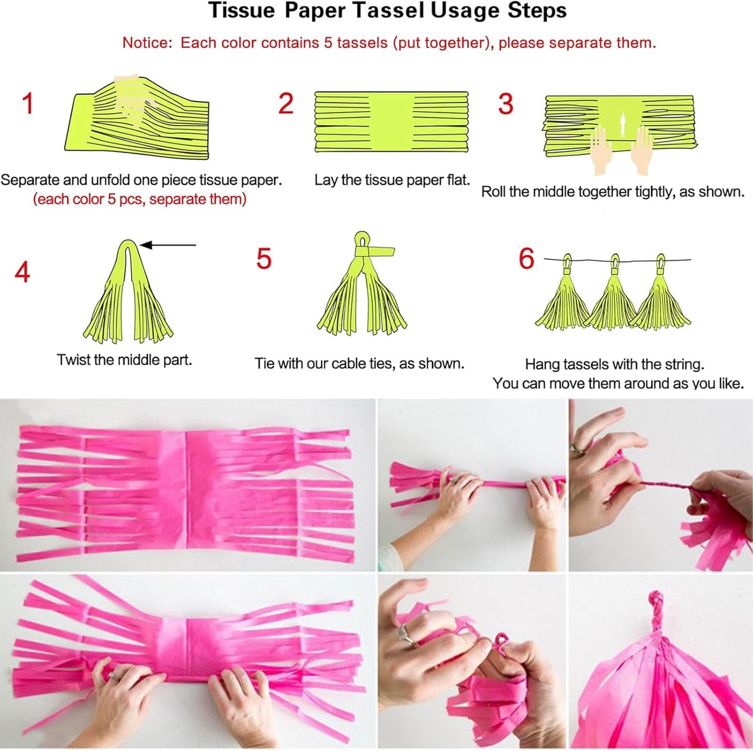 We Moment Hot Pink Light Pink Tissue Paper Tassels Party Tassel Garland Banner for Party Decorations, DIY Kits,15Pcs - Black Blue Silvery image number 4