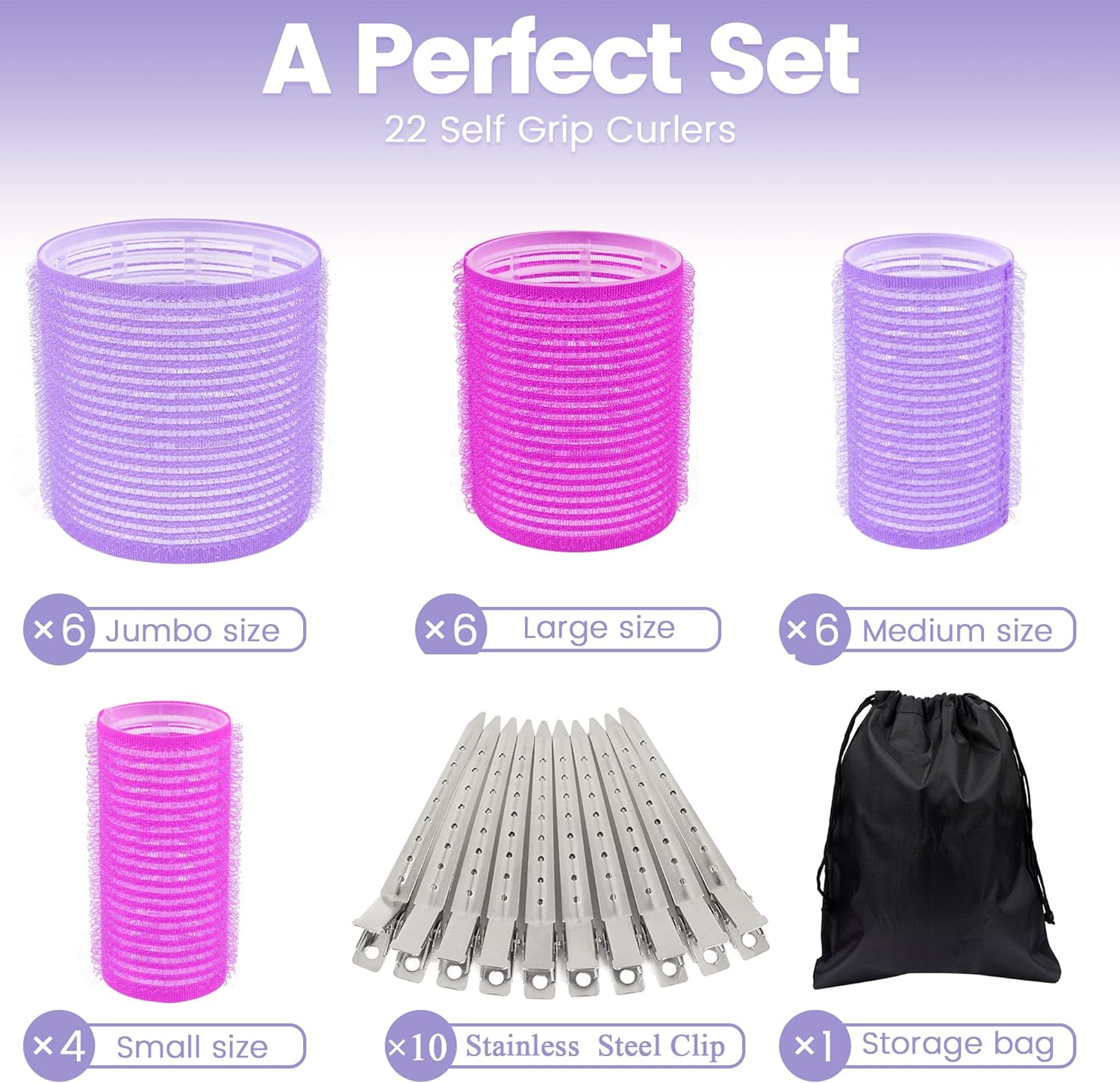 33 Piece Hair Rollers Set, Self Grip Hair Rollers for Long Medium Short Hair, ELASO Large Medium Hair Curler （22 Rollers + 10 Stainless Steel Clip +1 Storage Bag） image number 4