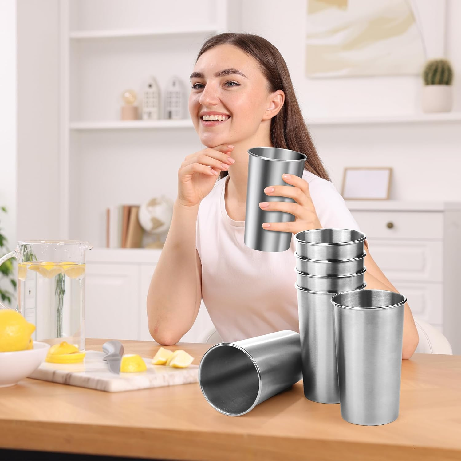 Ruisita 6 Pack 20 Oz Stainless Steel Cups Metal Shatterproof Stackable Pint Drinking Cups for Adults or Kids (20 Oz/600 Ml) image number 1