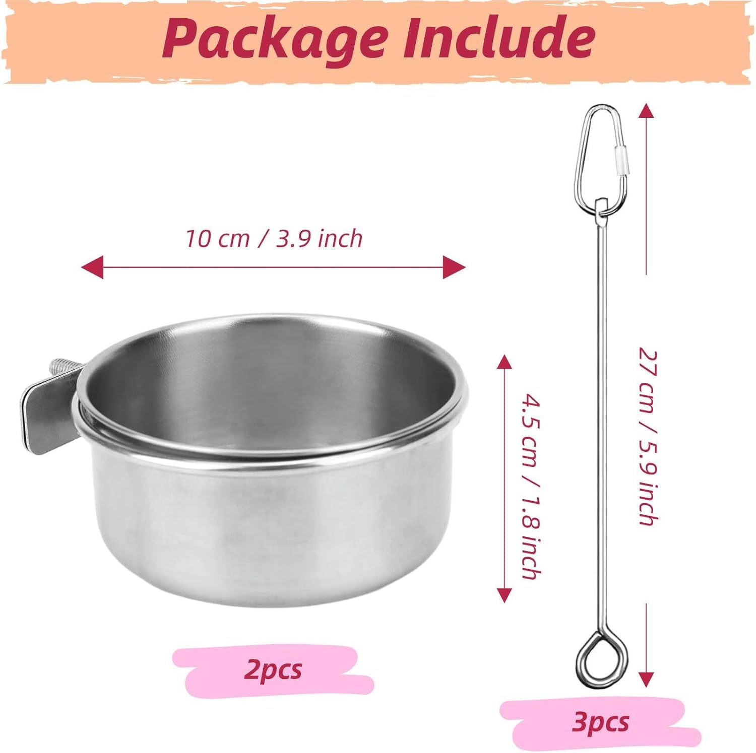 Hilleo Bird Feeder Bird Cage Accessories Include 2Pcs Stainless Steel Bird Bowls with Clamp Holder and 3Pcs Bird Food Holder, for Chinchilla Parrot Macaw Budgie Cockatiel Parakeet and Small Animals image number 5