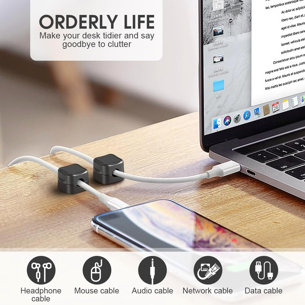 12 Pack Cord Organizer Holder, Magnetic Cable Clips Management, Strong Adhesive Phone Charging Cords Organizer, Hide or Organize Desk Cable Wire for Home,Office,Car,Desk,Nightstand (Black, 12PCS) image number 1