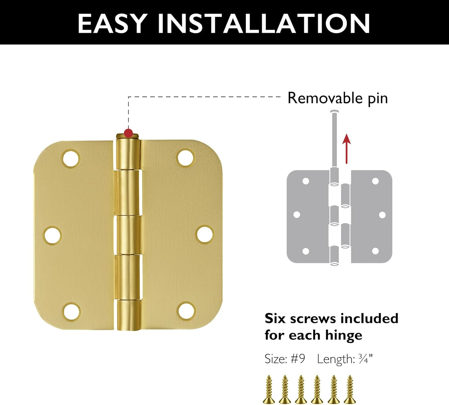 Design House Door Hinge, 3.5 in X 3.5 In, 5/8 in Radius, Interior, Rounded Steel, Removable Pin, Pre-Lubricated, Easy to Install, Satin Brass Finish, 9 Pack, 191130 - 9, Matte Black image number 5