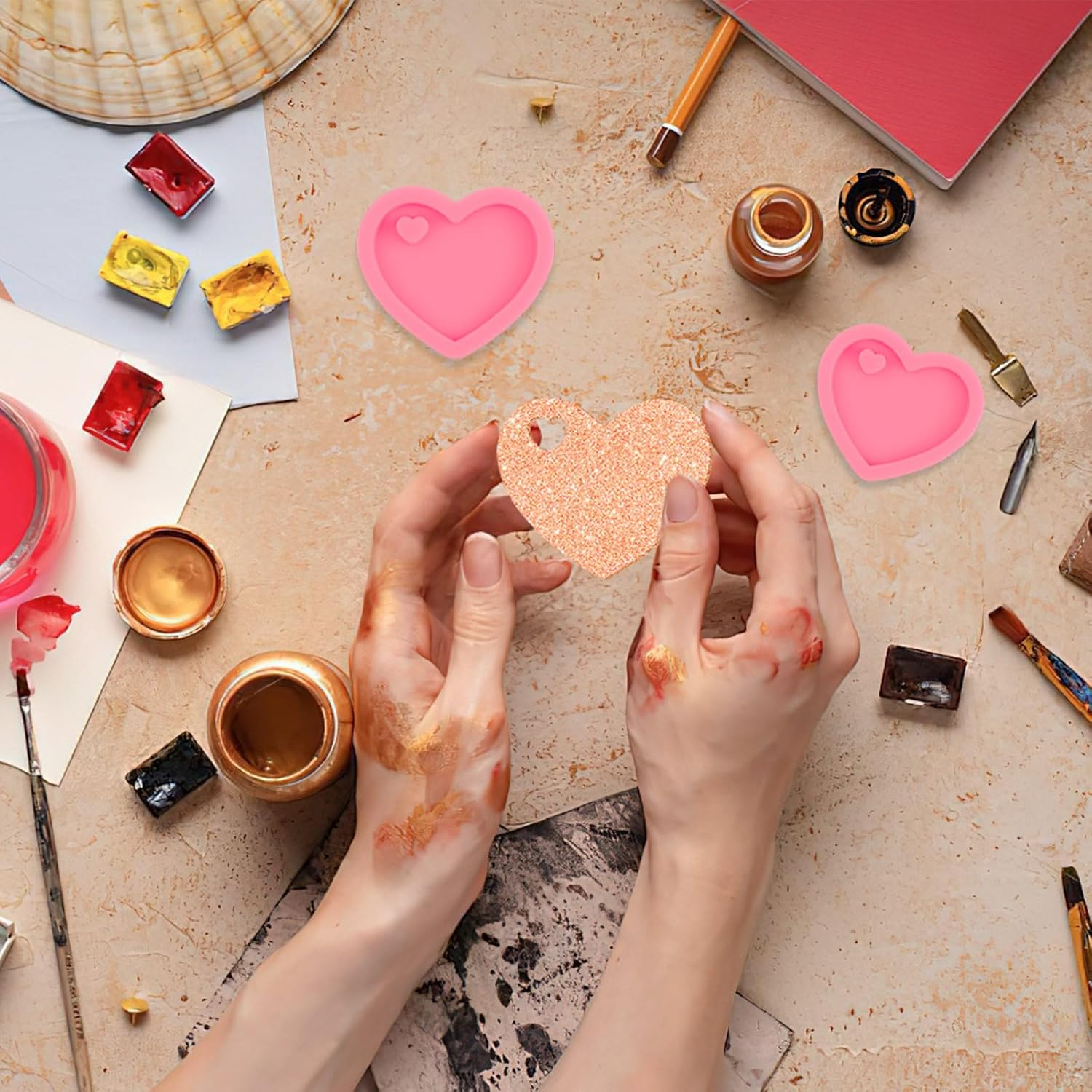 12 Pcs Heart Resin Silicone Keychain Molds with Hole, Valentine'S Day Mould, Keychain Mould Crafts Epoxy Resin with 24 Pcs Key Rings for DIY Decoration, Homemade Dessert (Pink) image number 3