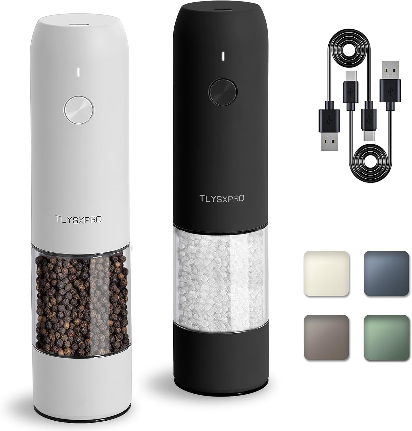 Electric Salt and Pepper Grinder Set, USB Rechargeable, Automatic Salt and Pepper Mill with Adjustable Coarseness, Pepper Shakers, LED Light, Refillable, Kitchen Gadgets (2 Packs, Greige&Buttercream)