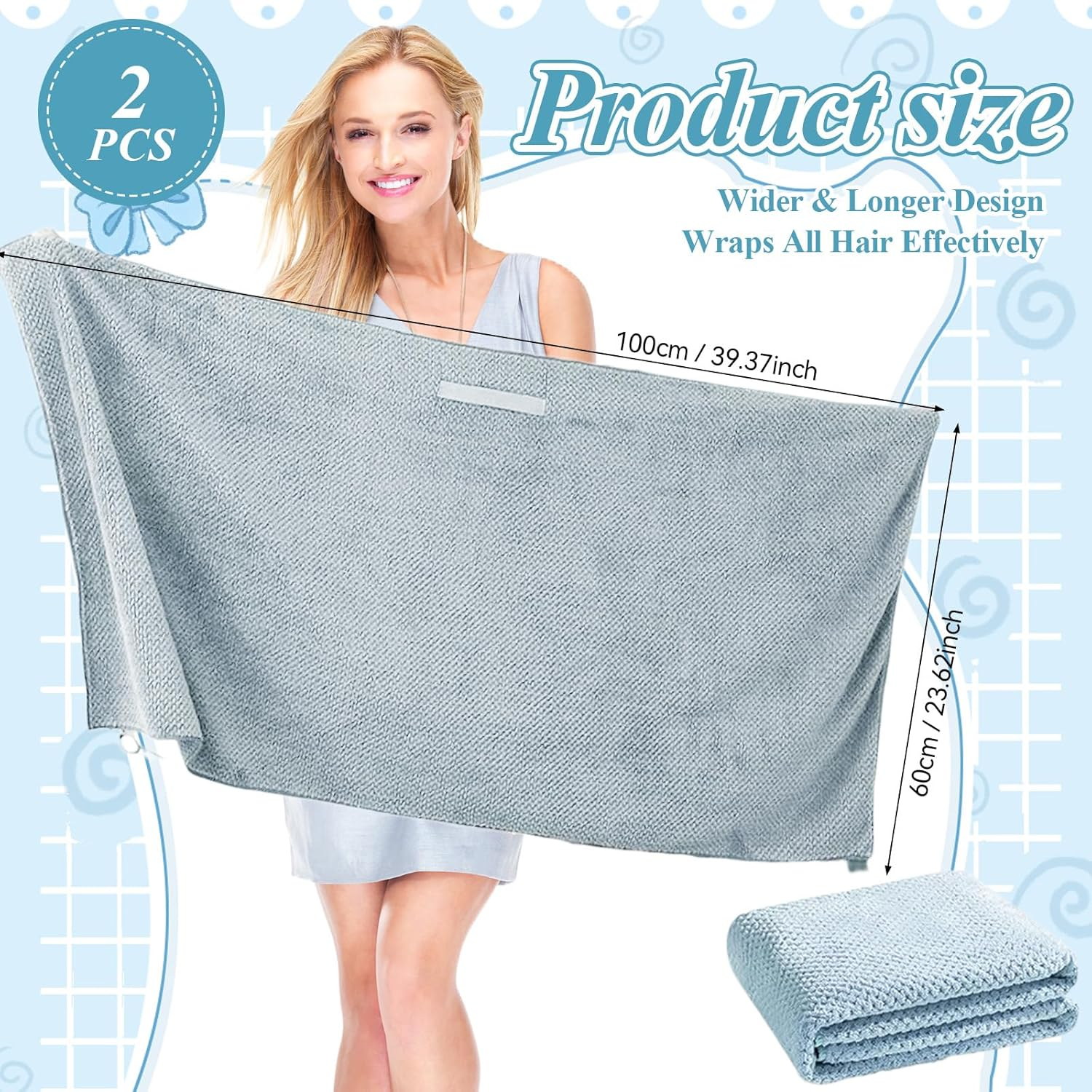 Pack of 2 Microfibre Hair Towels, 100 X 60 Cm, Hair Turban with Elastic Band, Microfibre Towel Hair, Quick Drying, Hair Turban Microfibre for Long Hair, Curly Hair, Thick (Grey) image number 6