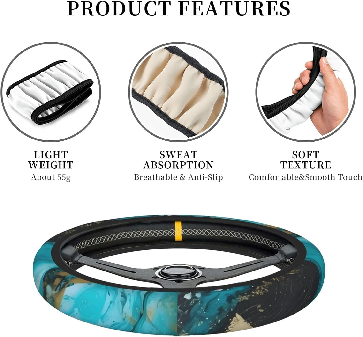 Turquoise Blue Gold Marble Print Steering Wheel Cover Non-Slip Car Steering Wheel Covers Neoprene Elastic Car Steering Wheel Protector Cover Universal 38 CM for Car Accessories image number 2