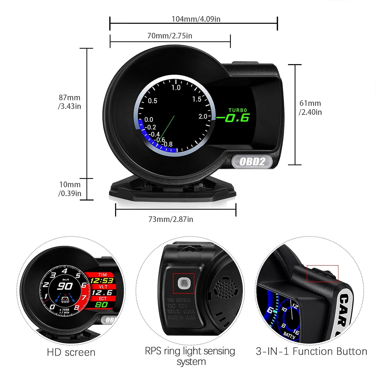 Wiiyii Car HUD Head up Display F8 Plus, OBD+GPS Gauge, Works for All Cars, Your Private Vehicle Inspection Assistant image number 2