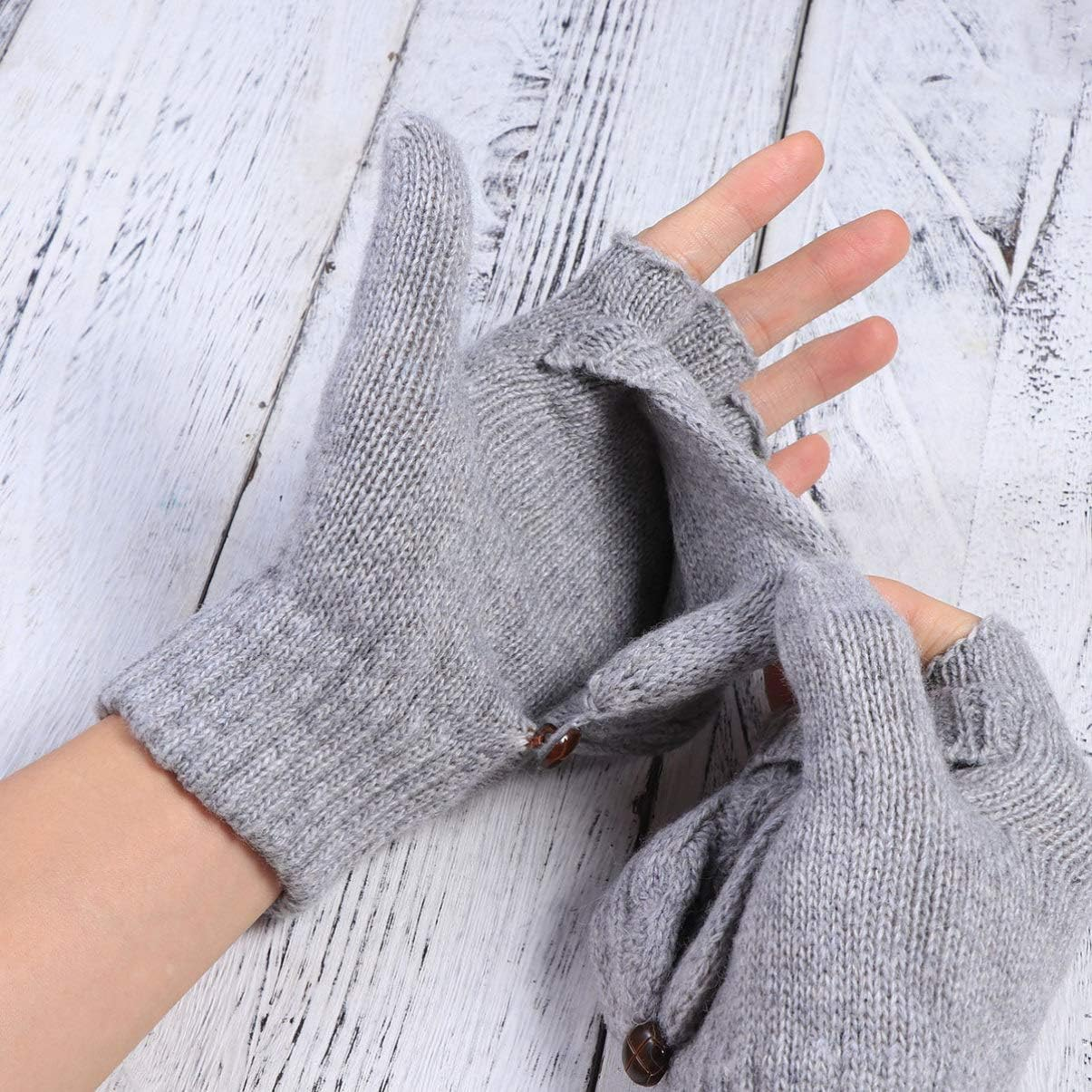 SOLUSTRE Women'S Mittens Winter Mittens Warm Half Finger Gloves for Women, Flip Knitted Mittens Convertible Fingerless Gloves (Grey) White Mittens Ladies Mittens image number 3