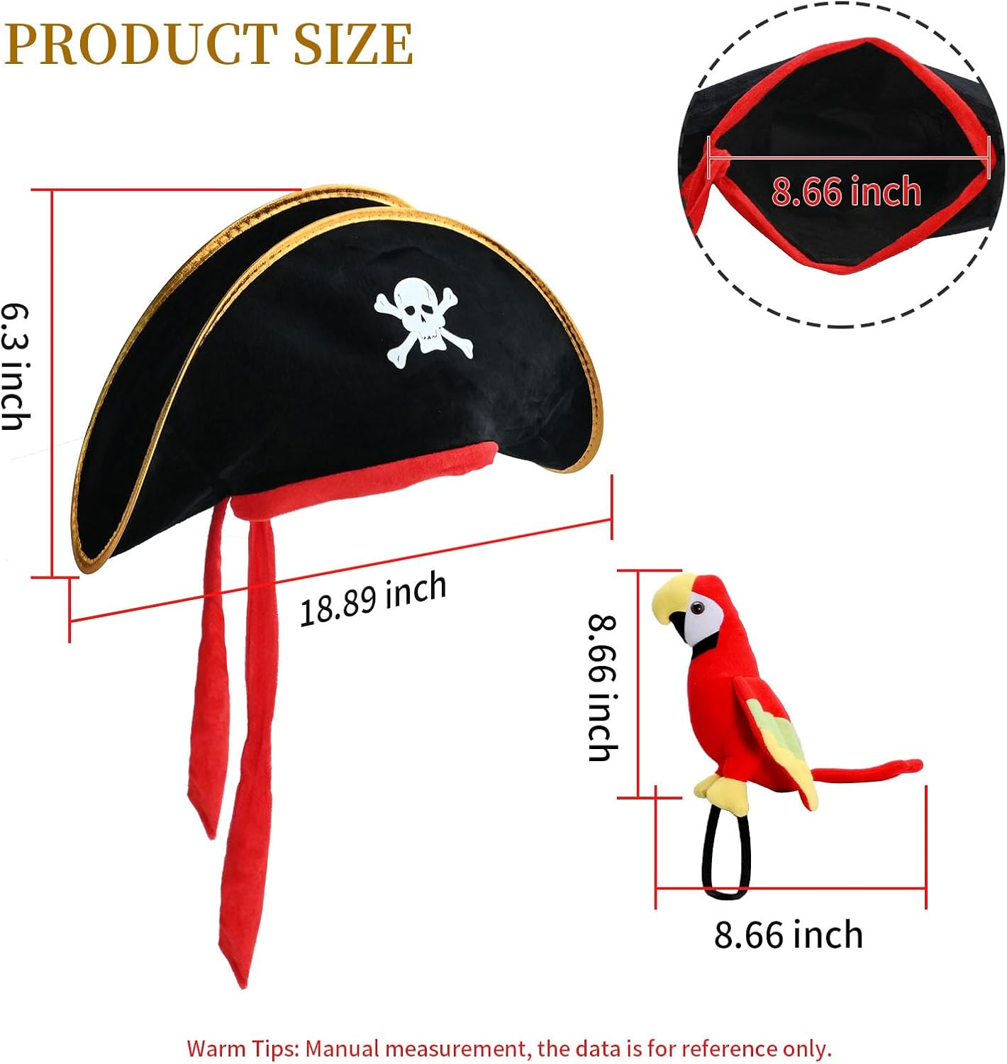 UOIENRT 2Pcs Pirate Hat Hat Skull Print & 10In Stuffed Parrot on Shoulder Pirate Costume Accessories for Halloween, School Play, Theater Performance image number 6