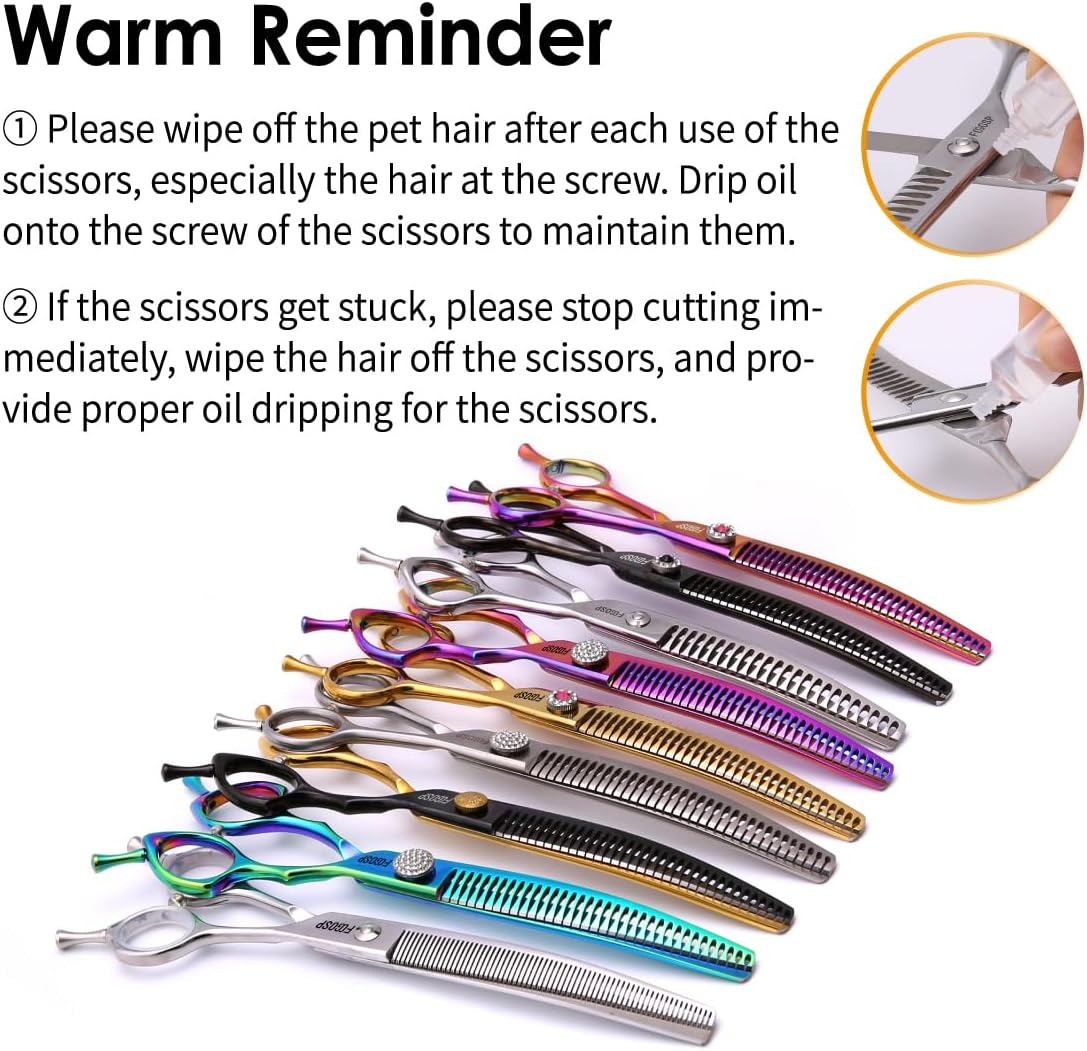 FOGOSP Curved Thinning Shears 7'' Chunker Shears Japan 440C Stainless Steel Professional Dog Scissors for Grooming Small Medium Pet 75% Thinning Rate(Black)