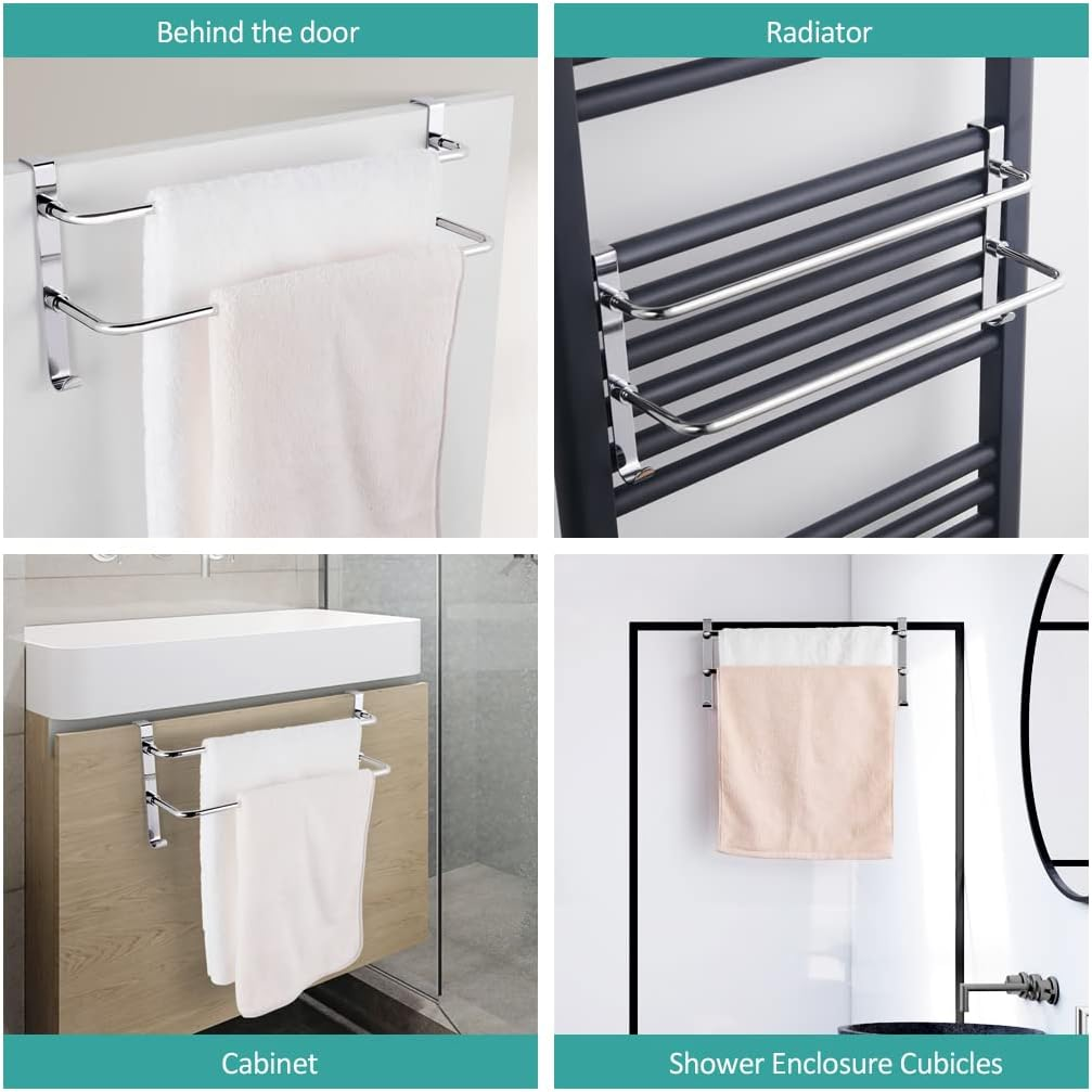 EMKE Double Towel Rail, Bathroom over the Door Hanging Towel Rack with Hooks, Stainless Steel Sink Towel Holder with Large Space for Kitchen Toilet Hotel Shower Room, Chrome image number 3