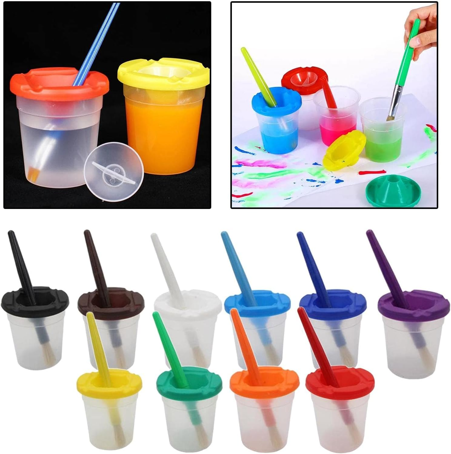10 Pieces Spill Proof Paint Cups with Paint Brushes with Lids for Kids Toddler Painting Tools Brushes for Watercolor, Tempera, Washable, Acrylic, Crafts image number 4