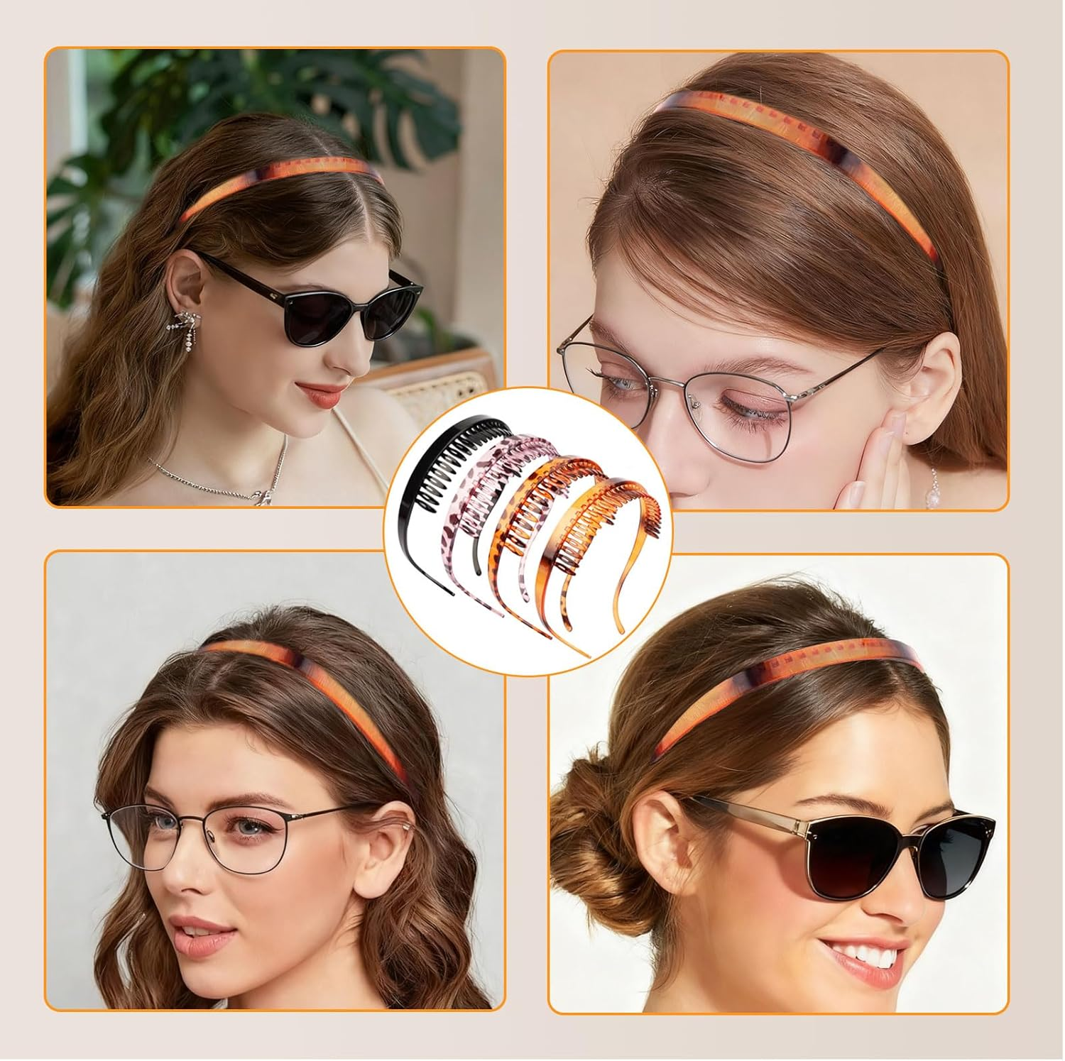 Celblisora 4 Pack Transparent Amber Non-Slip Headbands for Women Glasses Wearers, No Pressure, No Headaches, Zigzag Sunglasses Headband Made of Plastic with Teeth image number 6