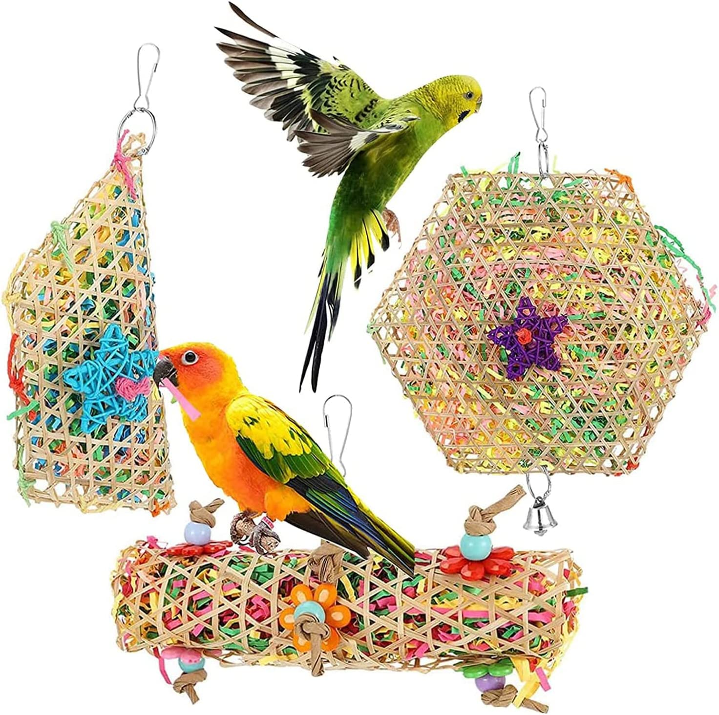 Bird Foraging Toy,3Pcs Bird Shredding Toys, Chewing Toys Parrot Cage Shredder Toy Rattan Cage Foraging Hanging Toyy for Parakeets Cockatiels Conures (Random Color)