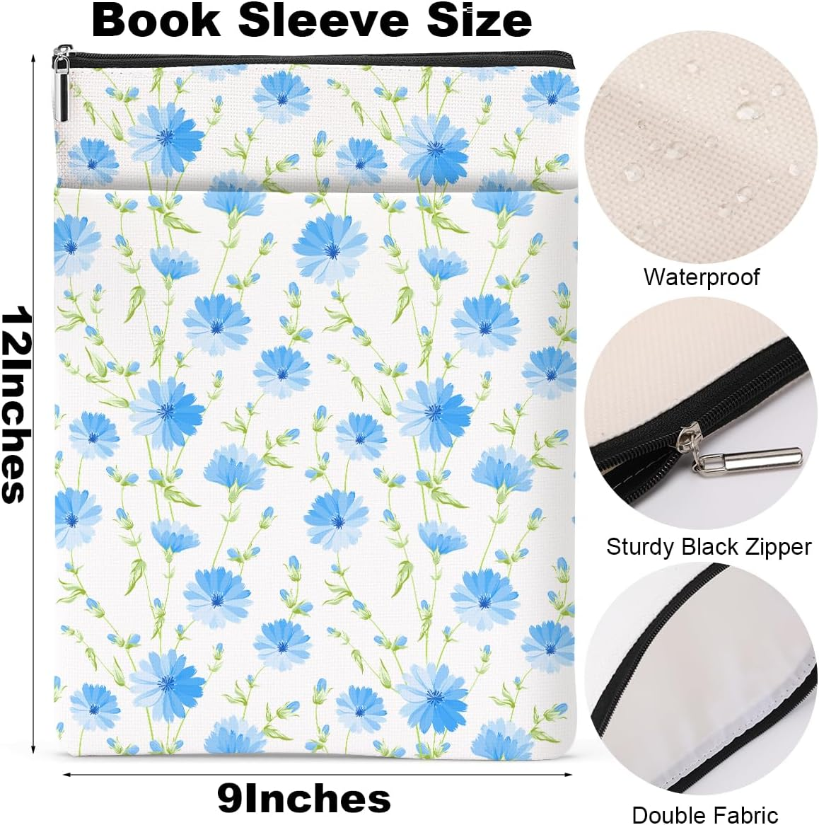 Blue Flowers Pattern Book Lovers Gifts Waterproof Book Sleeve Book Pouch Book Protector with Zipper and Front Pocket Bookcover Case for Women Best Friend Sister Book Accessories Book Club Gifts - Multicolor101 image number 6