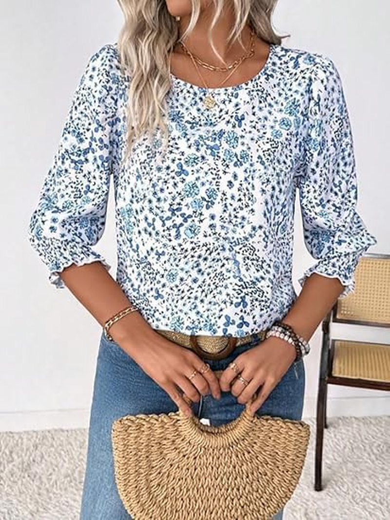 Frontaley Women Sleeve Blouse, Frontley Tops for Women, Dressy Casual 3/4 Length Sleeve Blouses Smocked Cuffs image number 4
